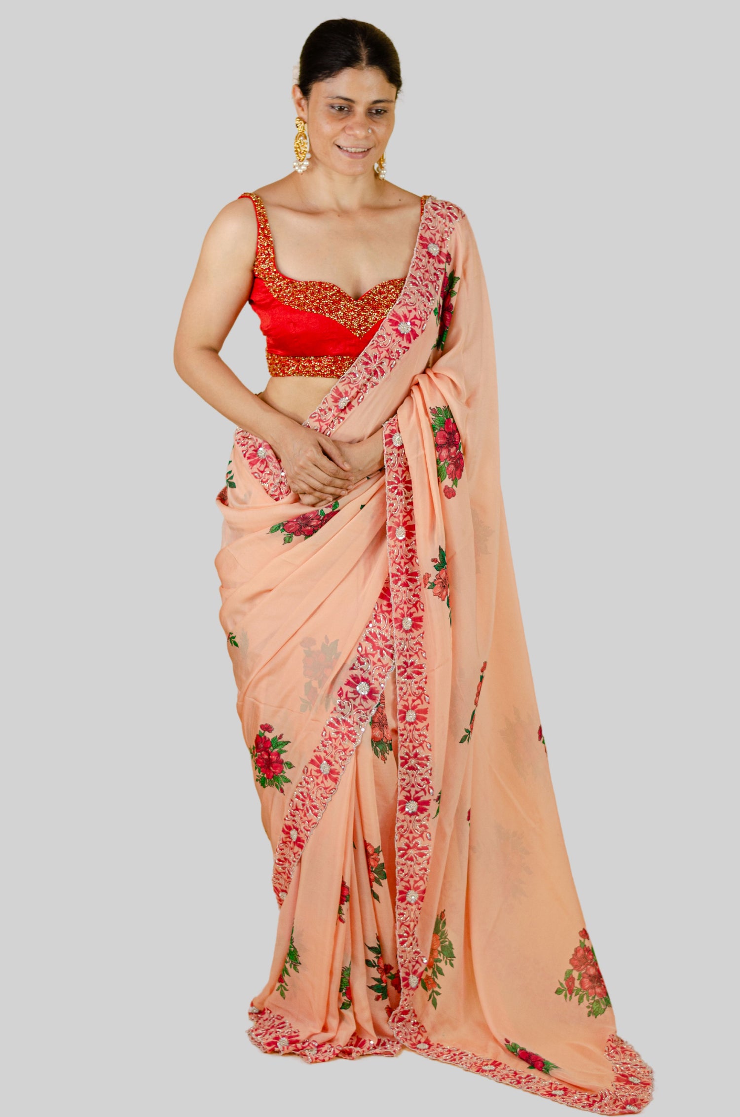 Handloom Hand Block Printed & Hand Embroidered Georgette Silk Saree