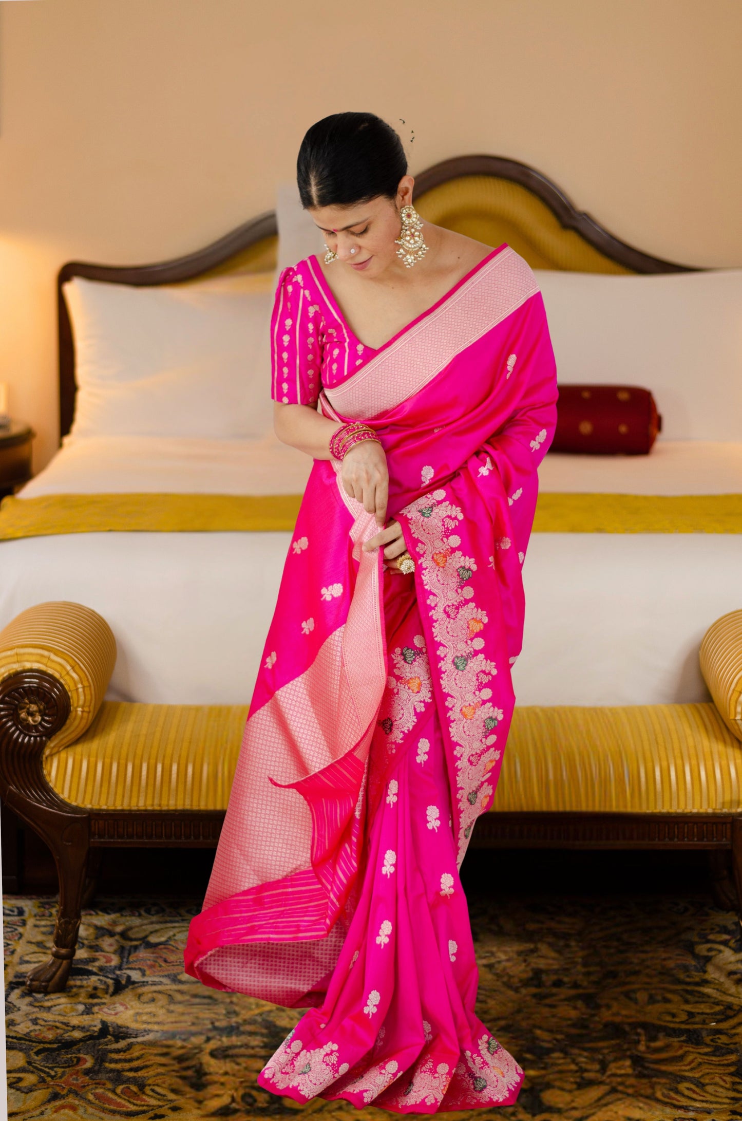 Rani Pink Colour  Meenakari /Silver Jangle  kadwa Weaving Handwoven Katan Mulbery Silk Saree
