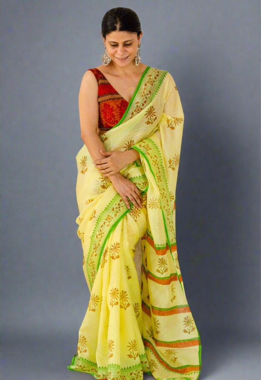 Hand Block Printed  Kota Silk Saree.
