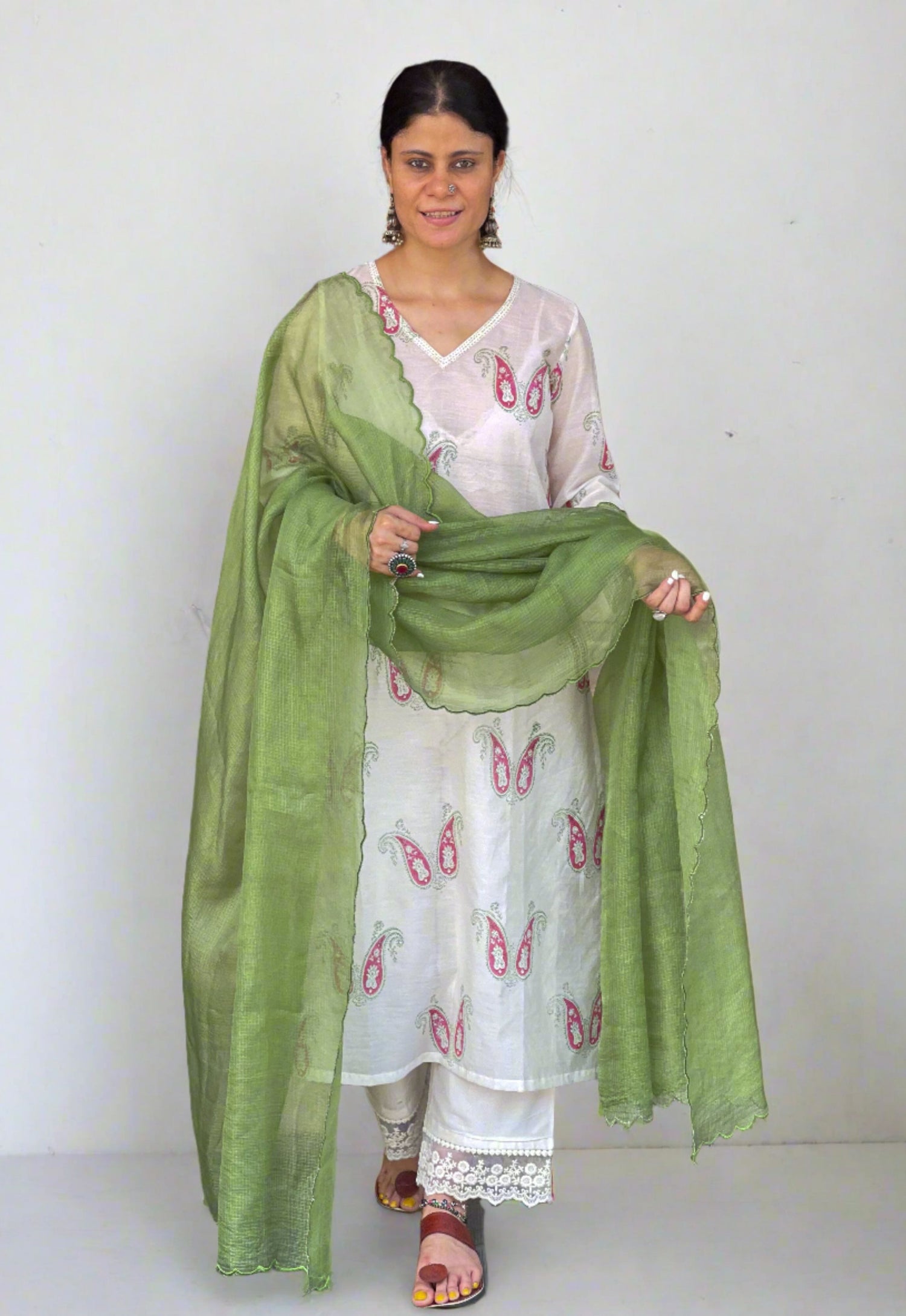 Handloom & handblock printed chanderi silk cotton kurta with kota silk dupatta