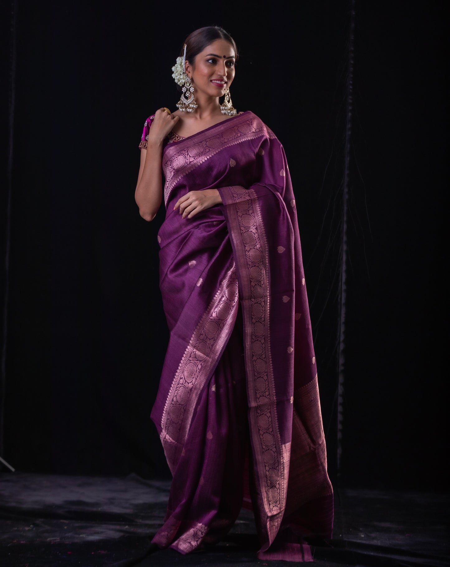 Magenta Handwoven Tussar Silk  Kadwa  Banarasi Saree