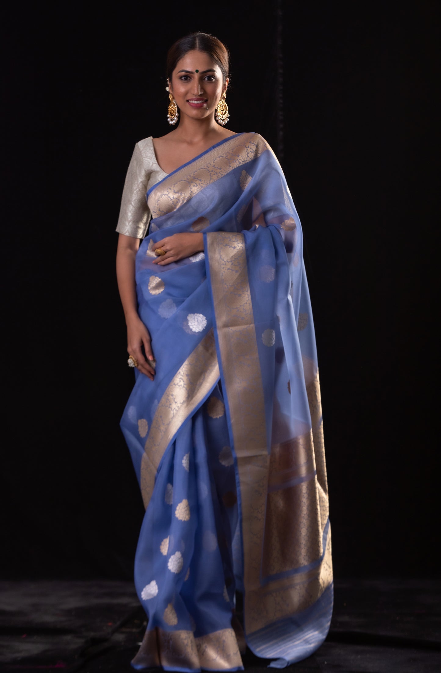 Powder Blue Colour  Pure Handwoven Kora Silk  Kadwa Banarasi Saree