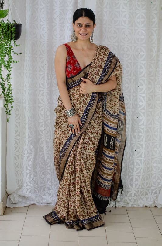 Natural Dyed Handblock Printed Linen Saree