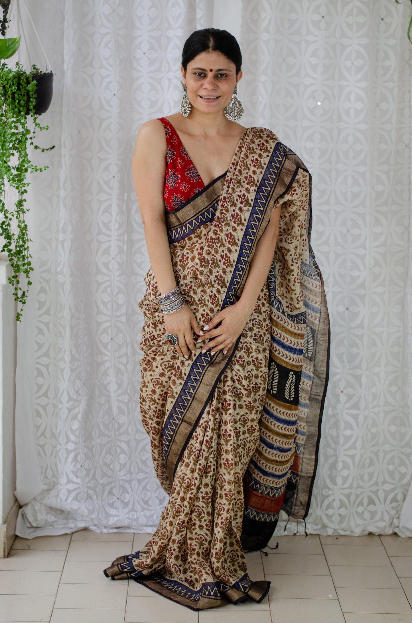 Natural Dyed Handblock Printed Linen Saree
