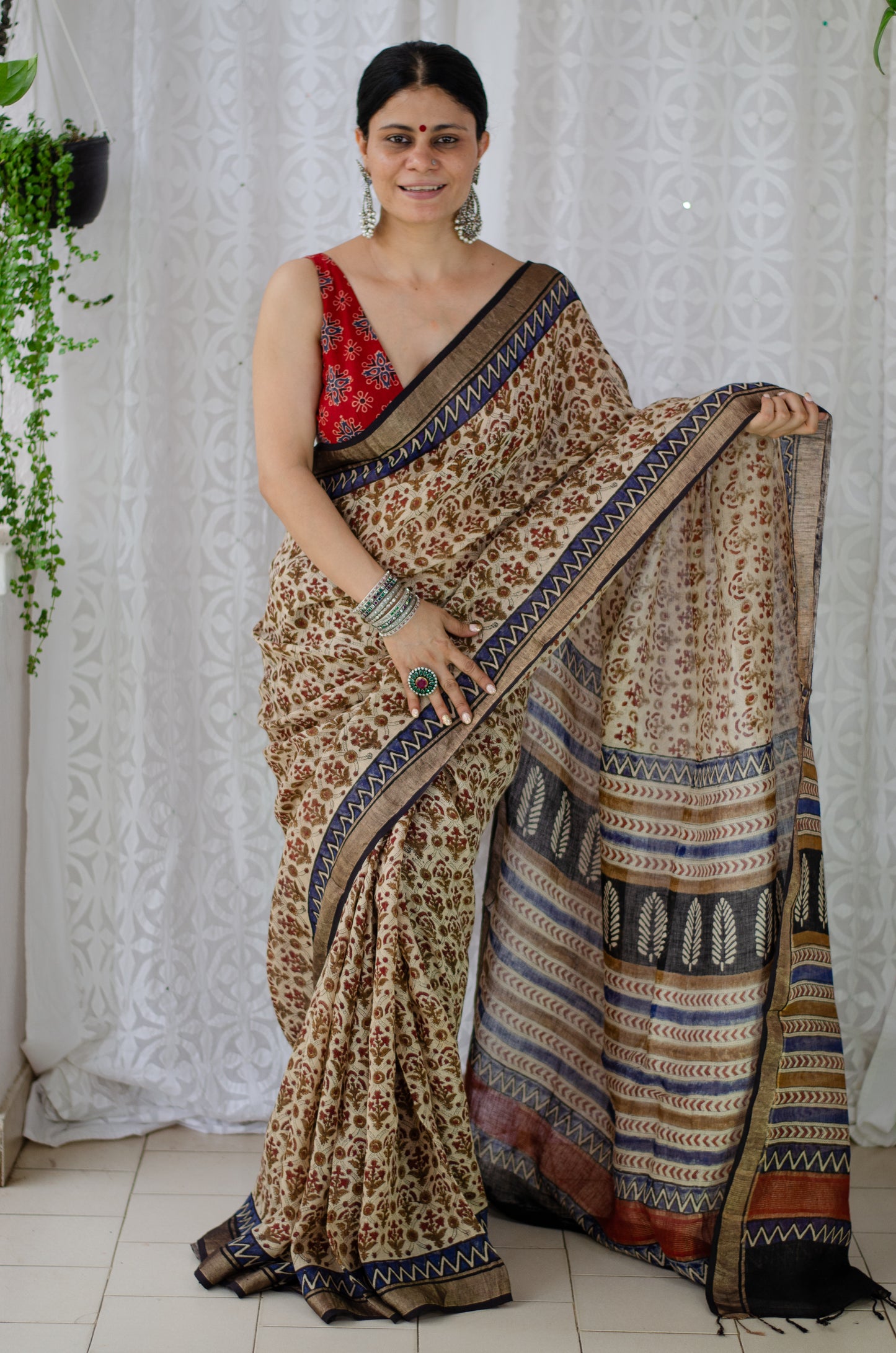 Natural Dyed Handblock Printed Linen Saree