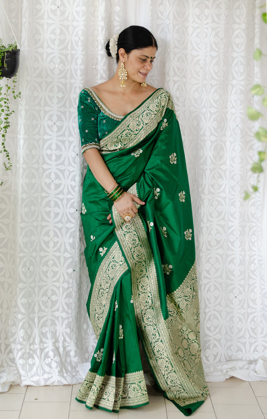 Bottle Green Colour  Meenakari /Silver Jangle  kadwa Weaving Handwoven Katan Mulbery Silk Saree