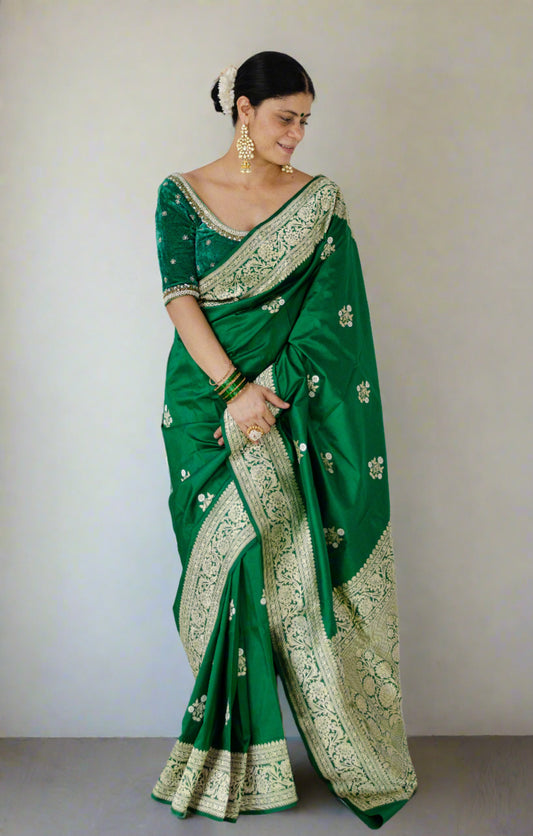 Bottle Green Colour  Meenakari /Silver Jangle  kadwa Weaving Handwoven Katan Mulbery Silk Saree