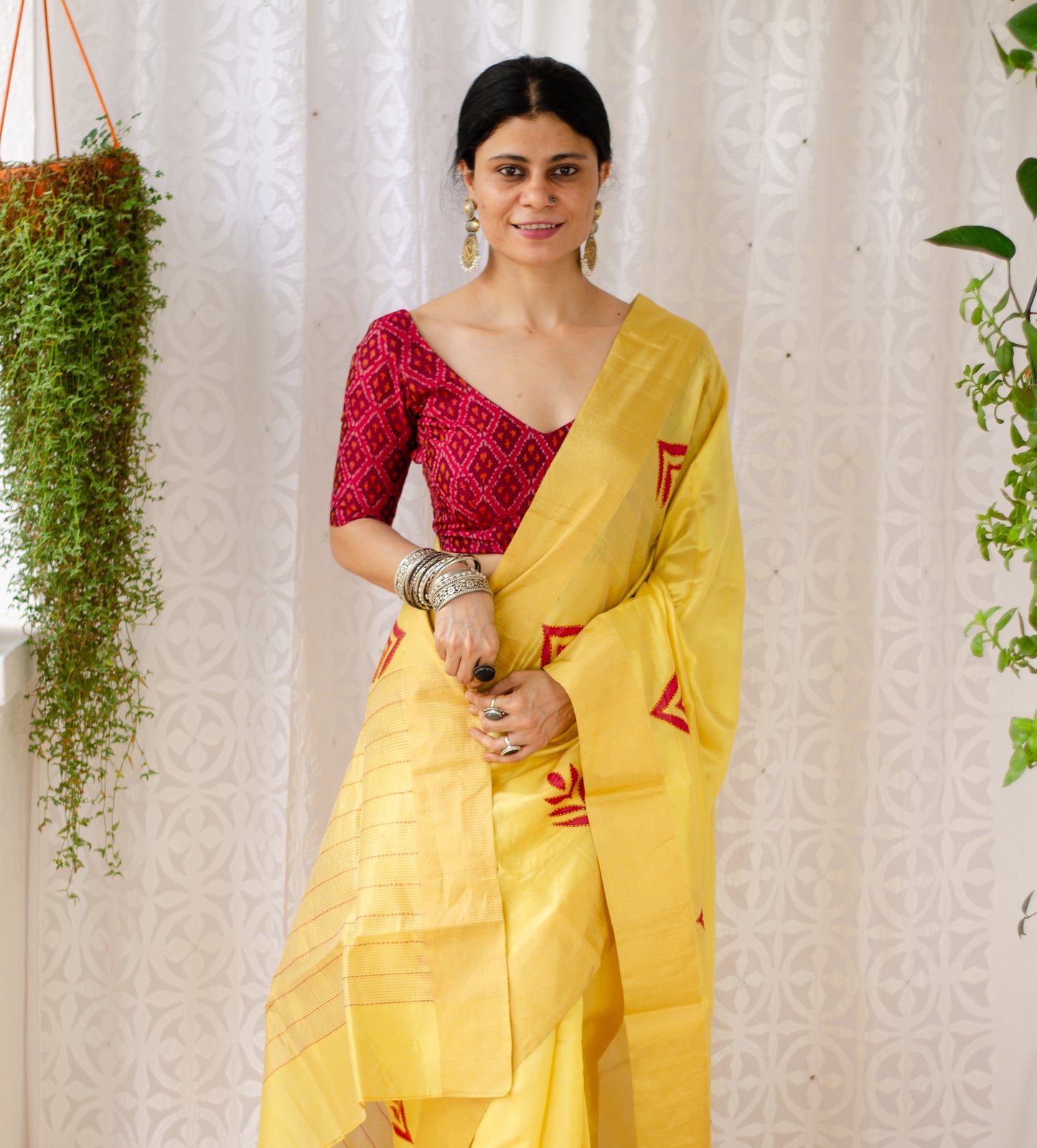 Yellow Colour Handloom Chanderi Silk Saree With Hand Embroidered Motifs.