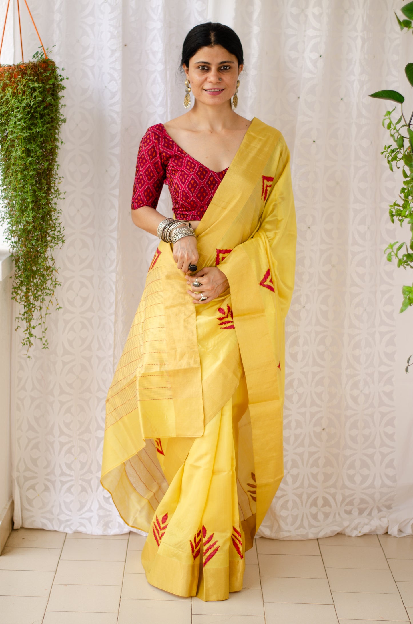 Yellow Colour Handloom Chanderi Silk Saree With Hand Embroidered Motifs.