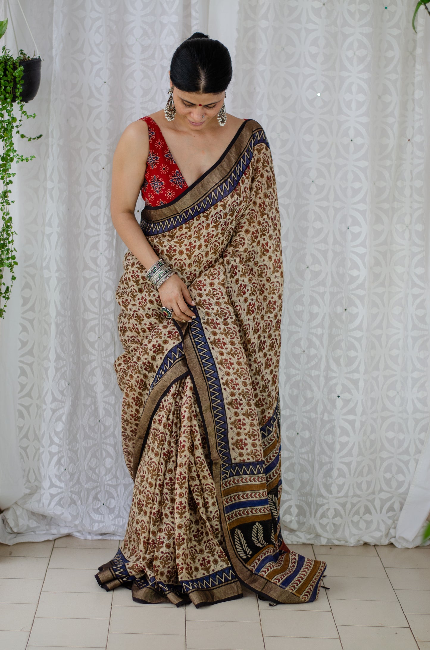 Natural Dyed Handblock Printed Linen Saree
