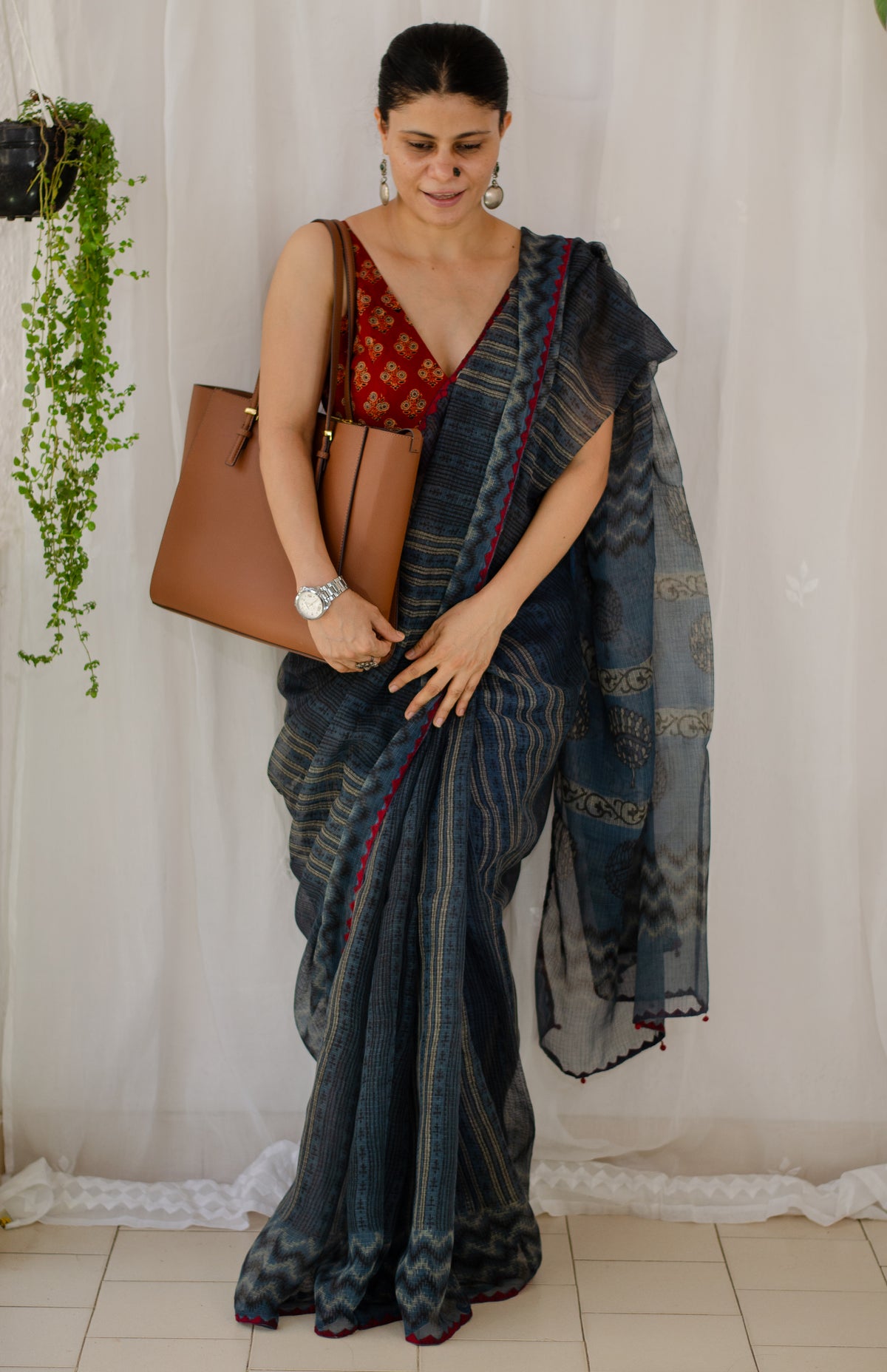 Handblock & Applique Hand Embroidered  Kota Doria Saree