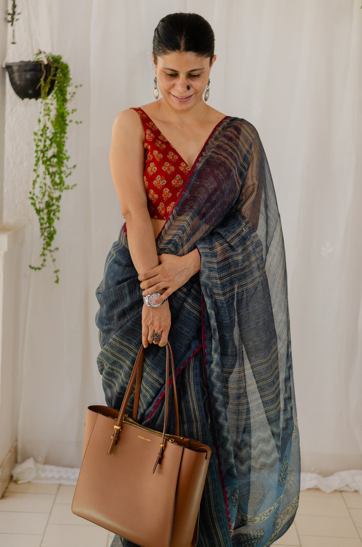 Hand block & Applique Hand Embroidered Kota Doria Saree