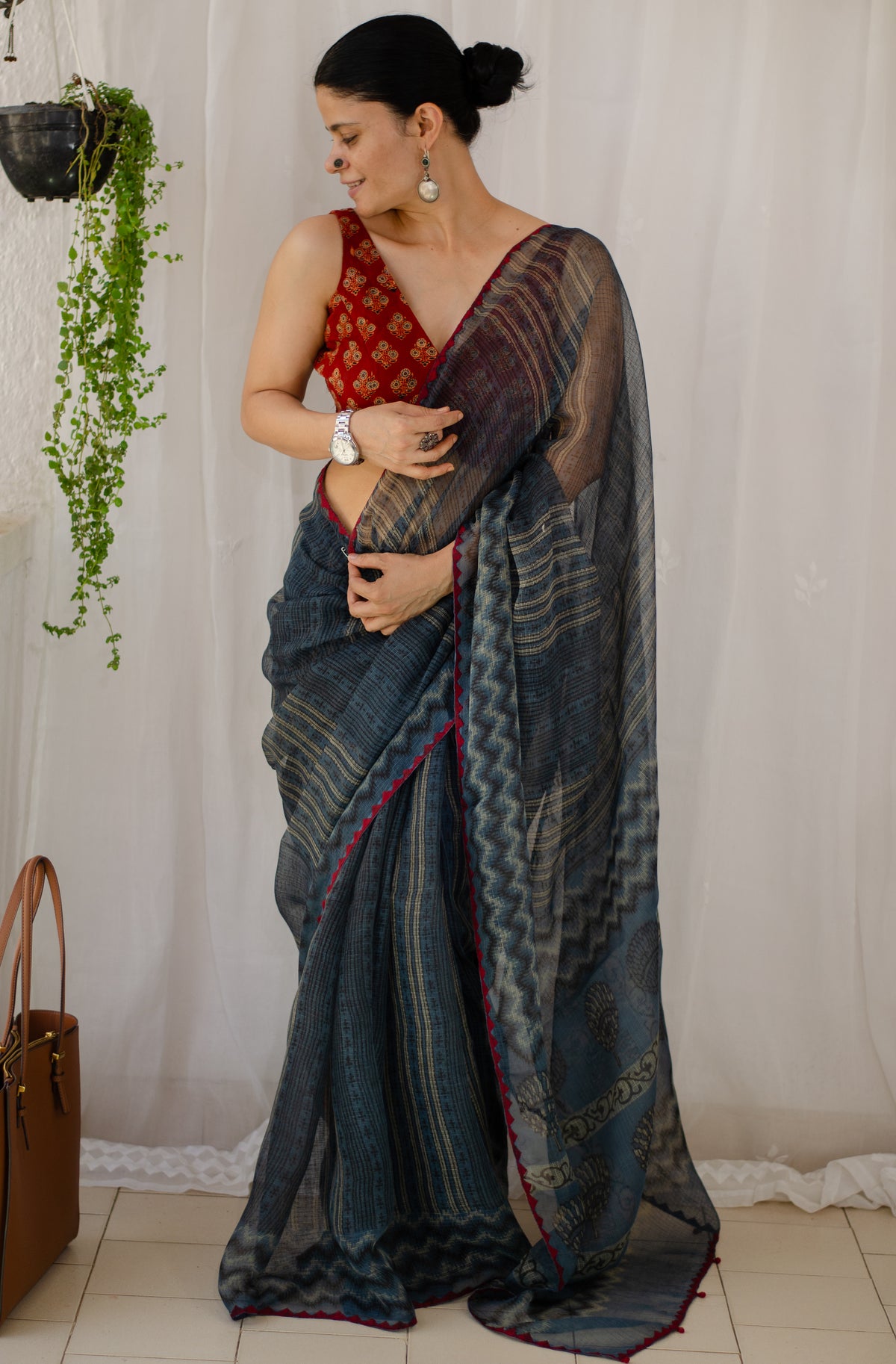 Handblock & Applique Hand Embroidered  Kota Doria Saree