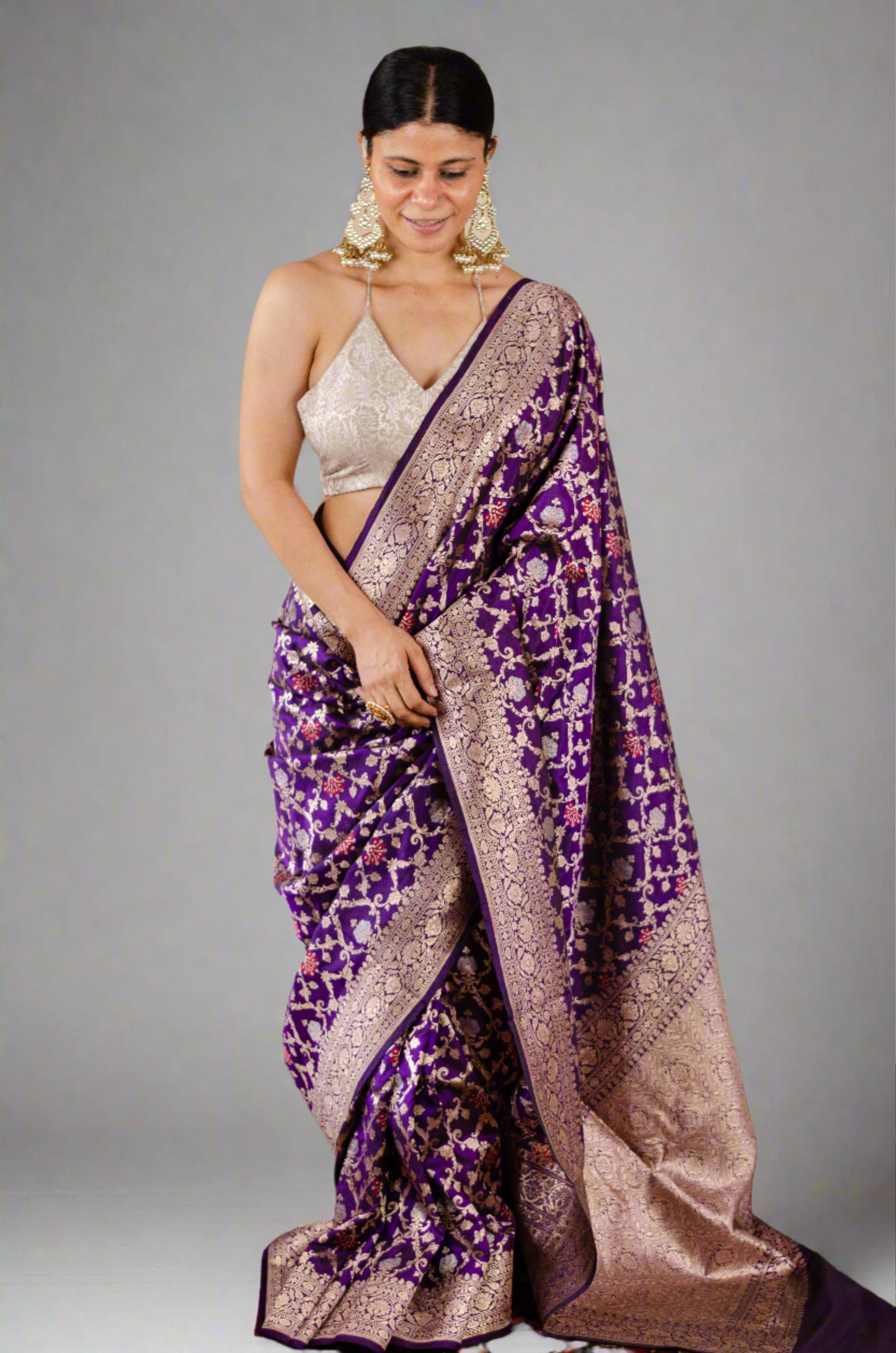 Deep Purple Colour Pure  Meenakari /Silver Alfi Jangle Weaving Handloom Katan Mulbery Silk Saree