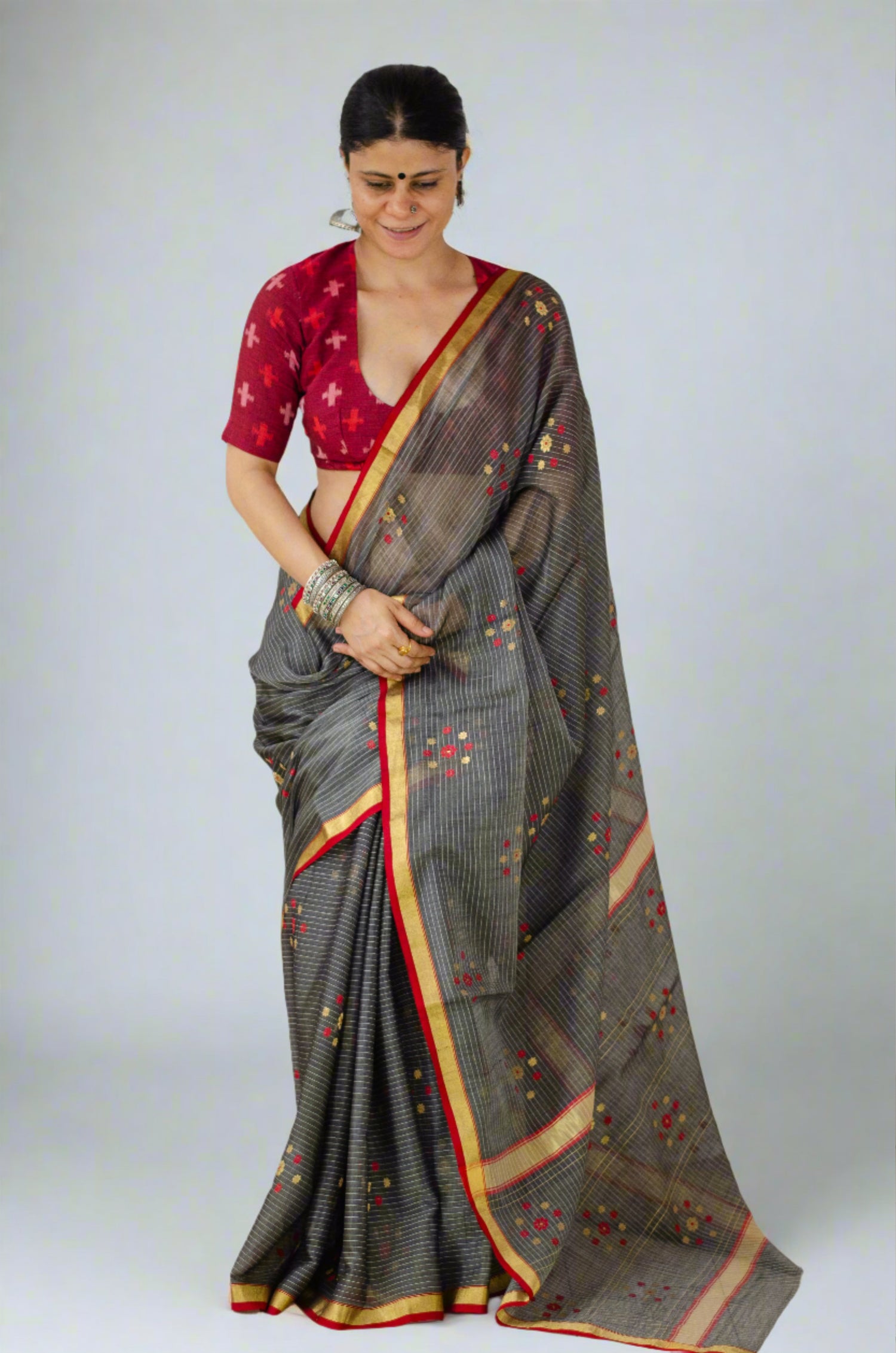 Handloom Cotton Silk Chanderi Saree With Woven Thread & Zari Motifs.