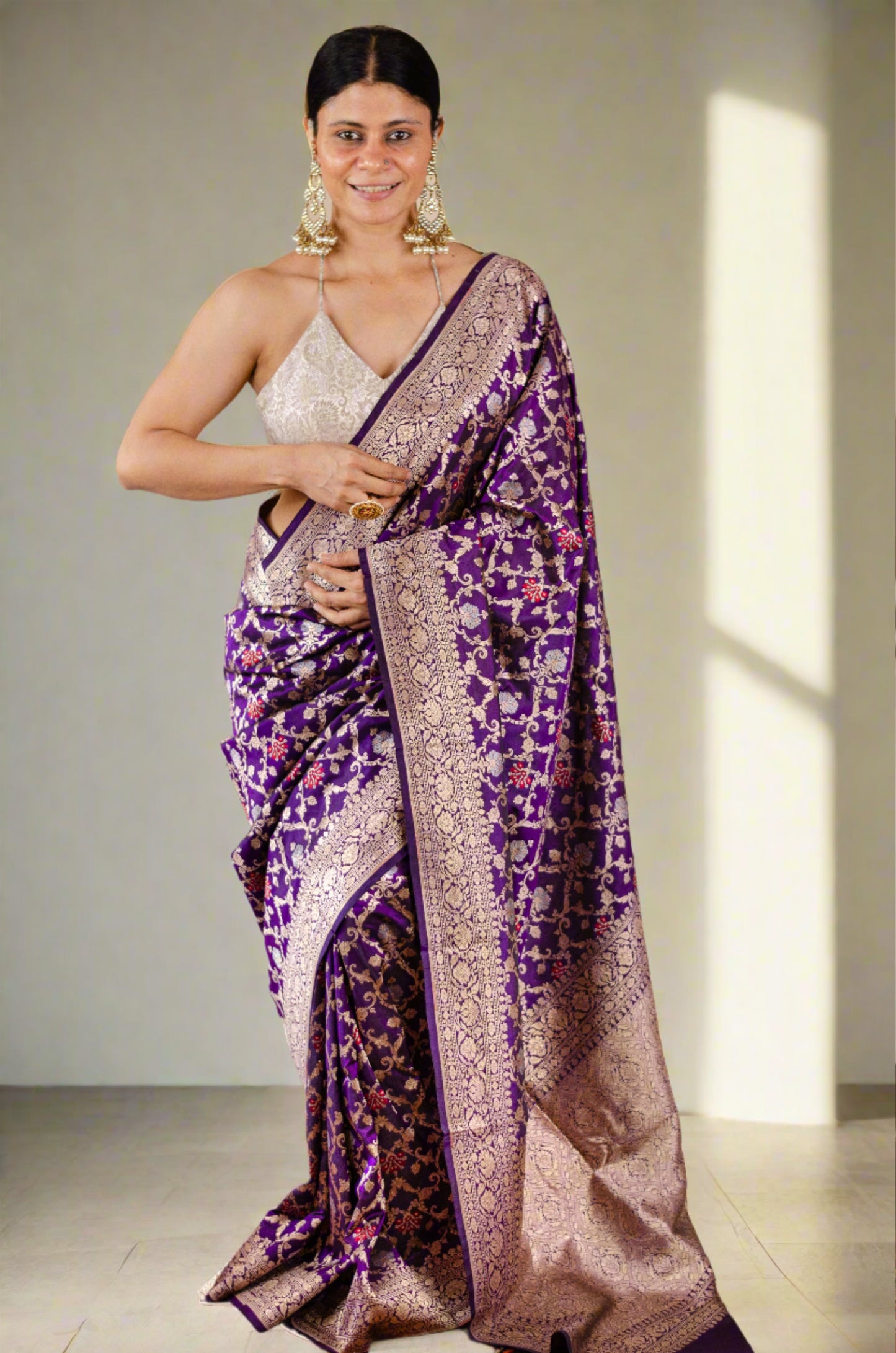Deep Purple Colour Pure  Meenakari /Silver Alfi Jangle Weaving Handloom Katan Mulbery Silk Saree