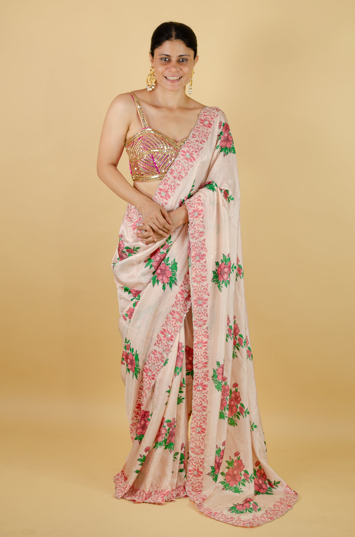 Handloom Hand Block Printed & Hand Embroidered Mulberry Silk Saree