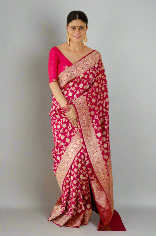 Magenta Colour Pure  Meenakari /Silver Alfi Jangle Weaving Handloom Katan Mulbery Silk Saree