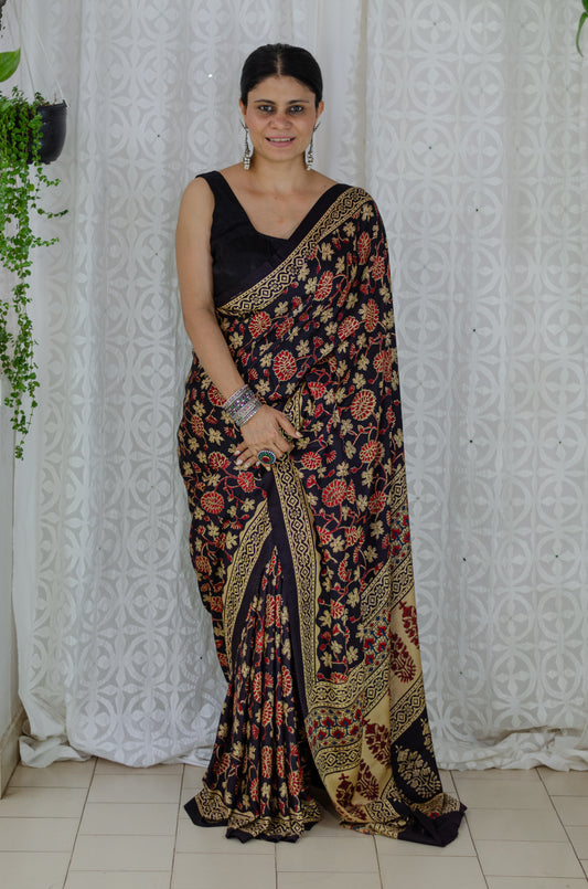 Natural Dyed Handblock Printed Gaji Silk  Saree