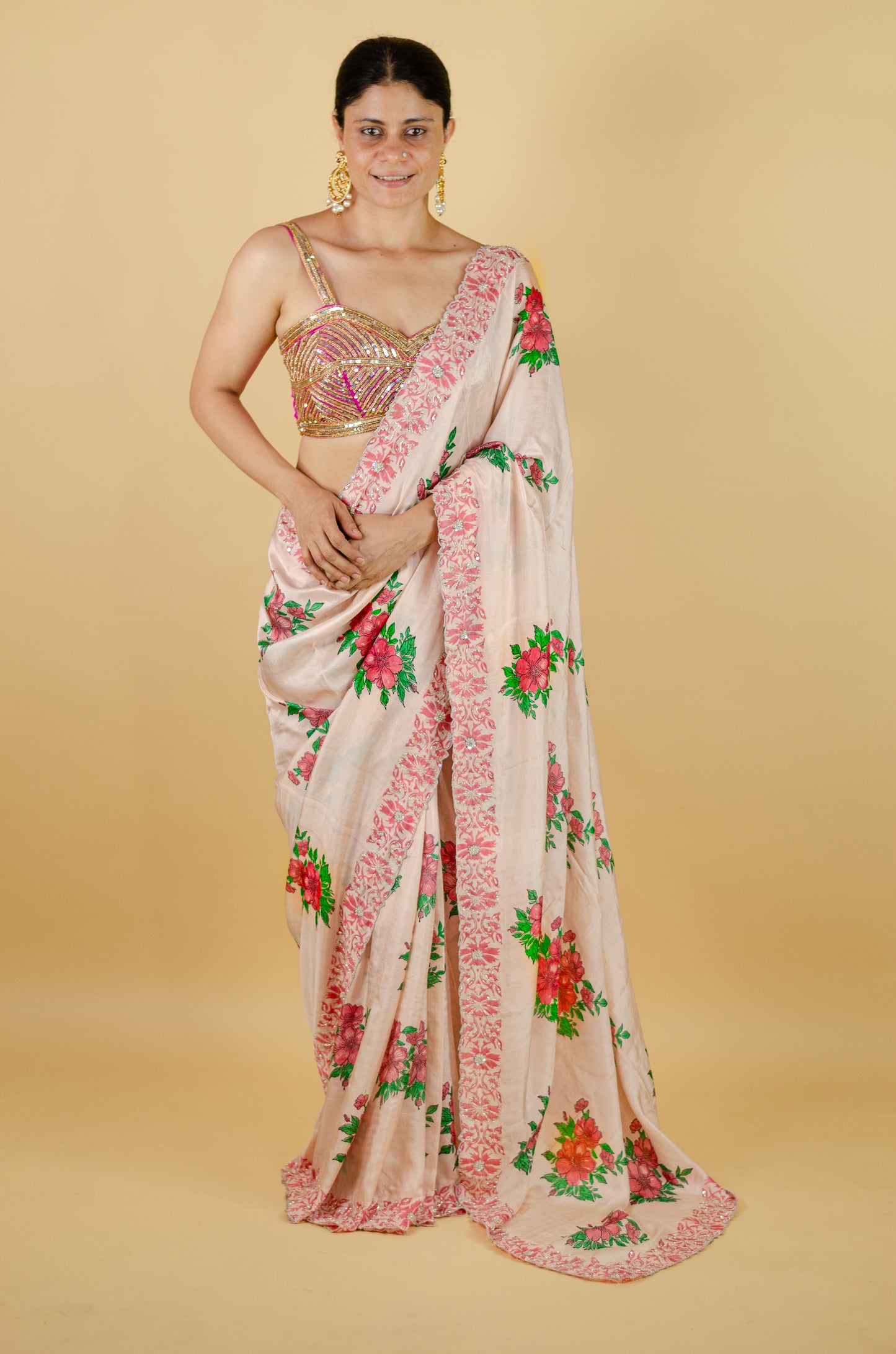 Handloom Hand Block Printed & Hand Embroidered Mulberry Silk Saree