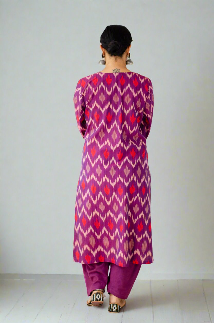 Handloom ikat straight cut kurta with handwoven cotton salwar set.