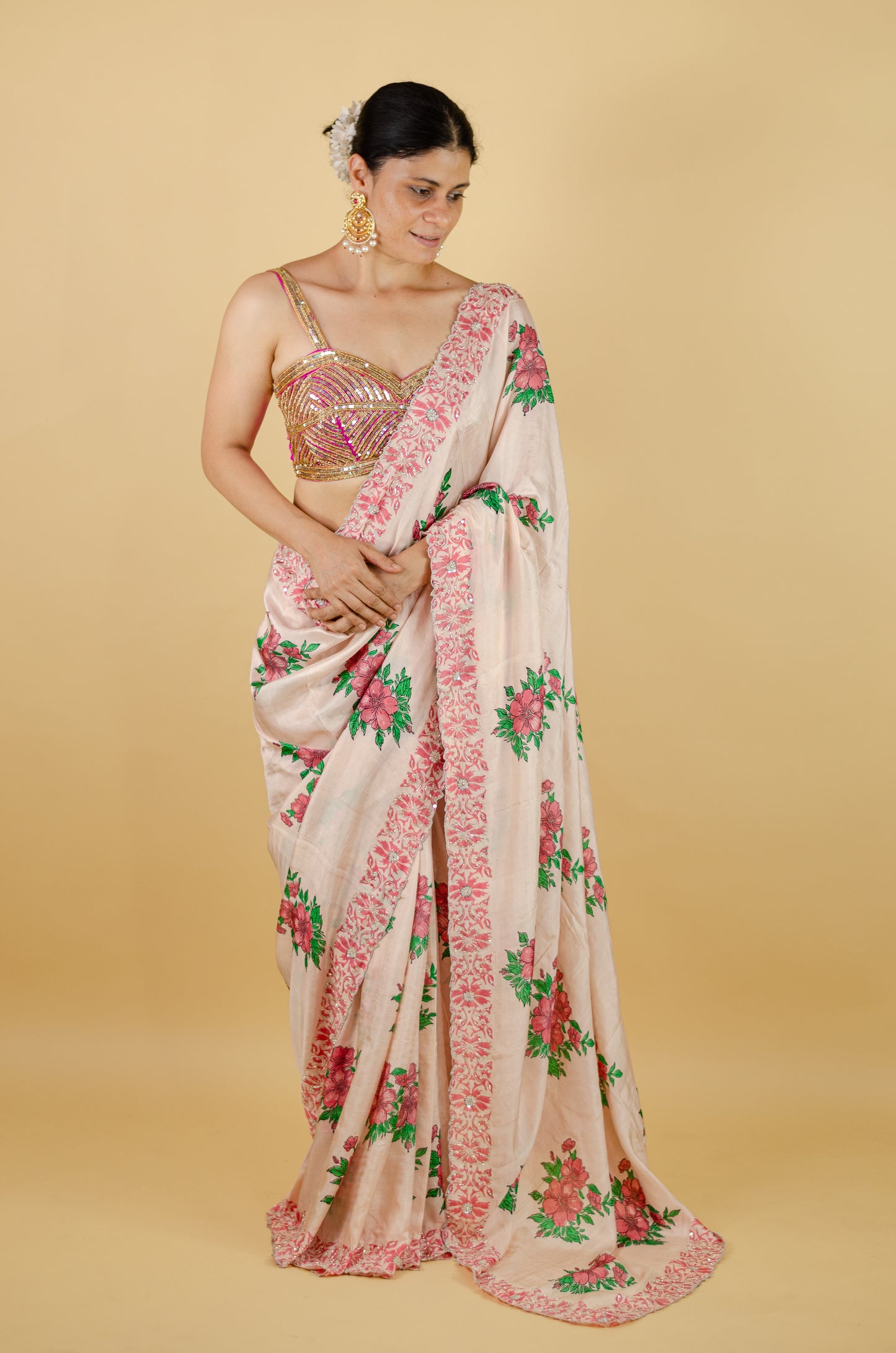 Handloom Hand Block Printed & Hand Embroidered Mulberry Silk Saree