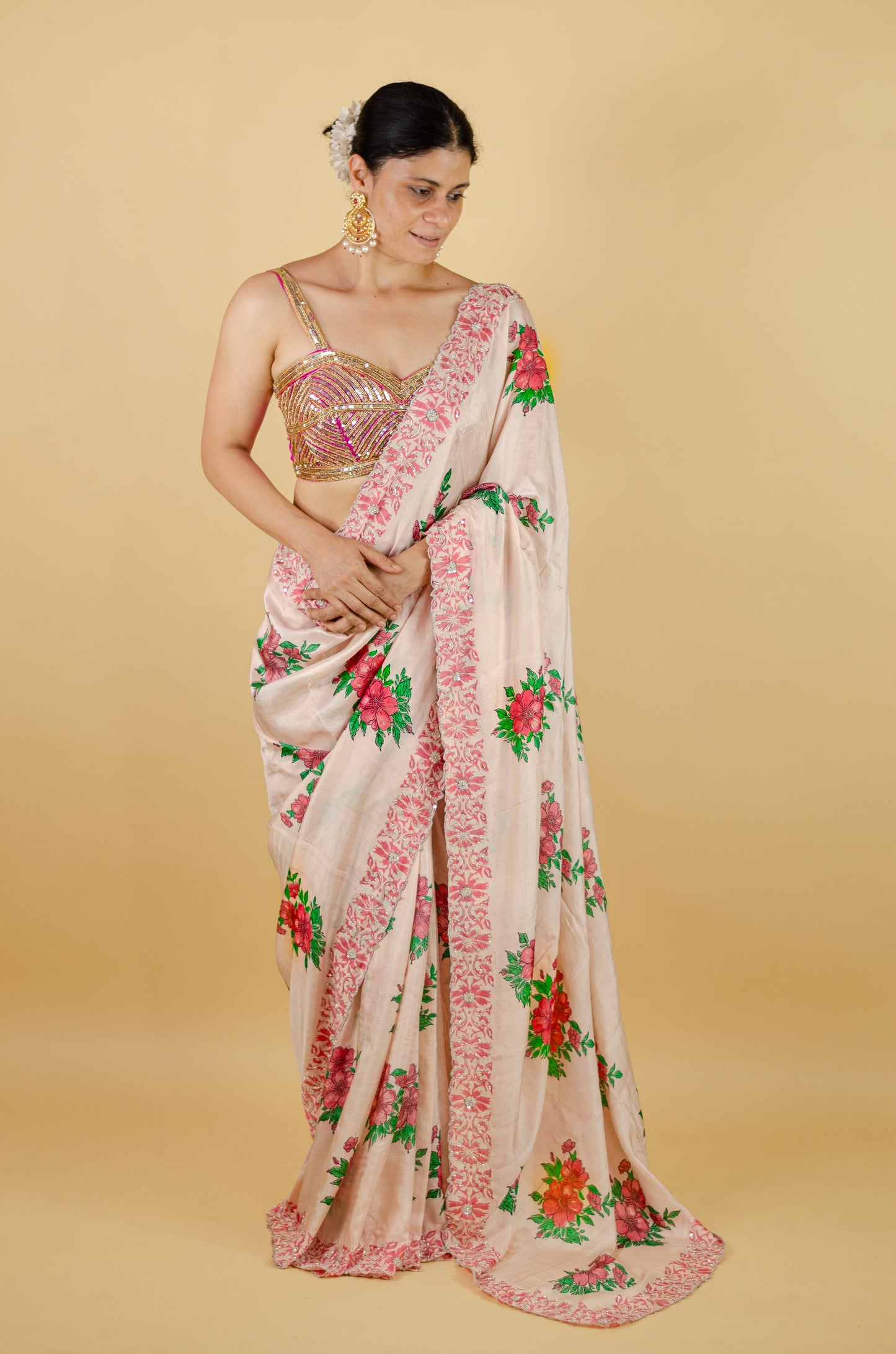 Handloom Hand Block Printed & Hand Embroidered Mulberry Silk Saree