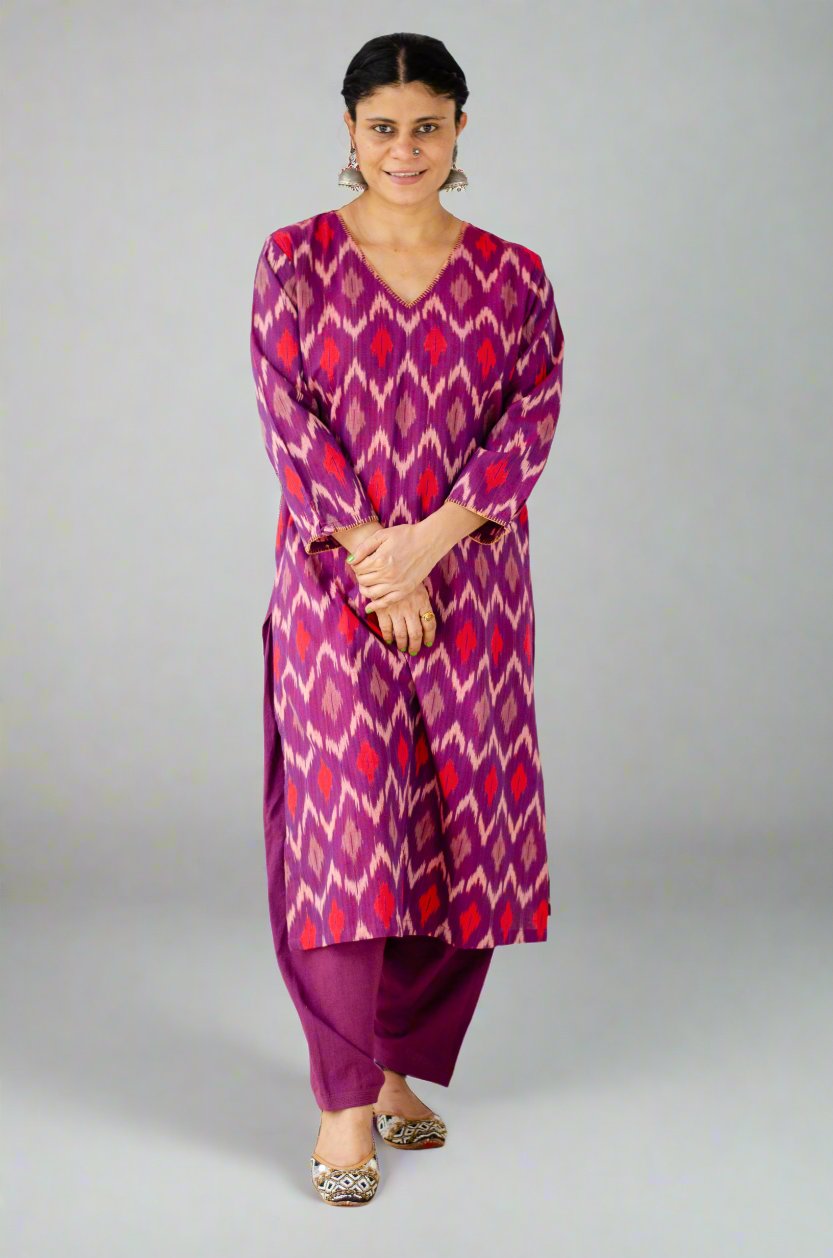 Handloom ikat straight cut kurta with handwoven cotton salwar set.