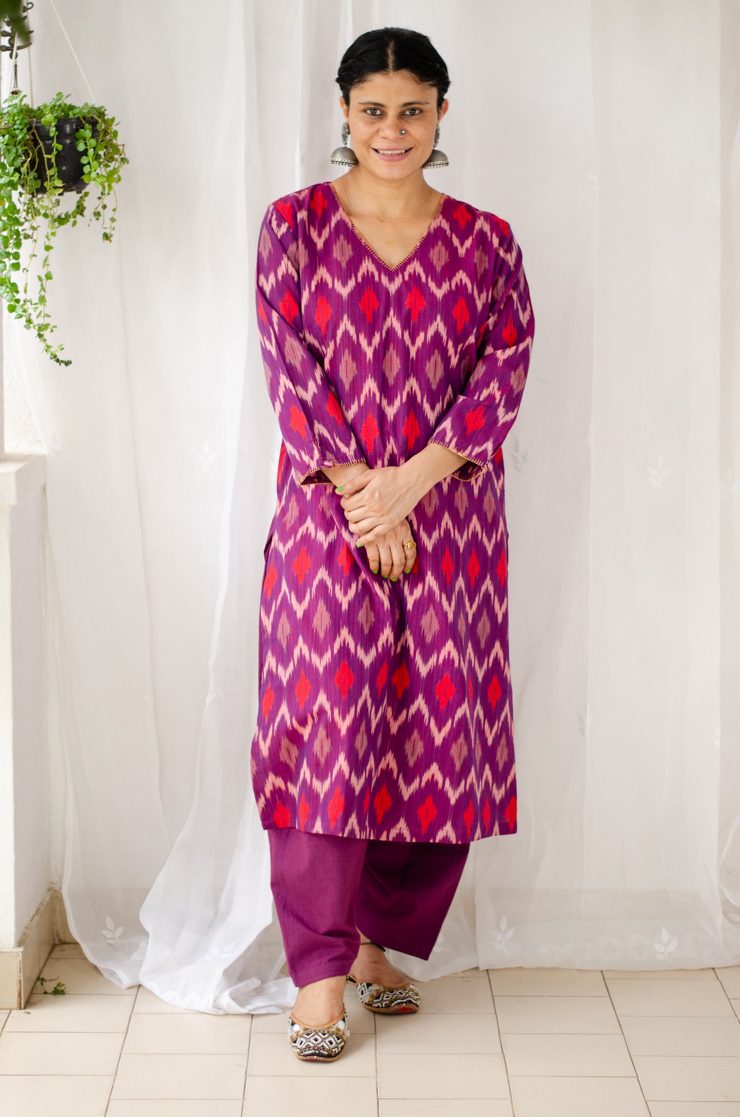 Handloom ikat straight cut kurta with handwoven cotton salwar set.