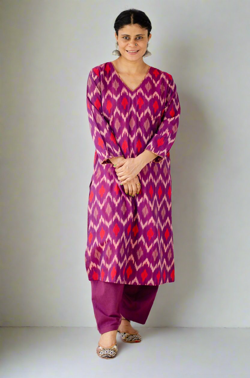 Handloom ikat straight cut kurta with handwoven cotton salwar set.