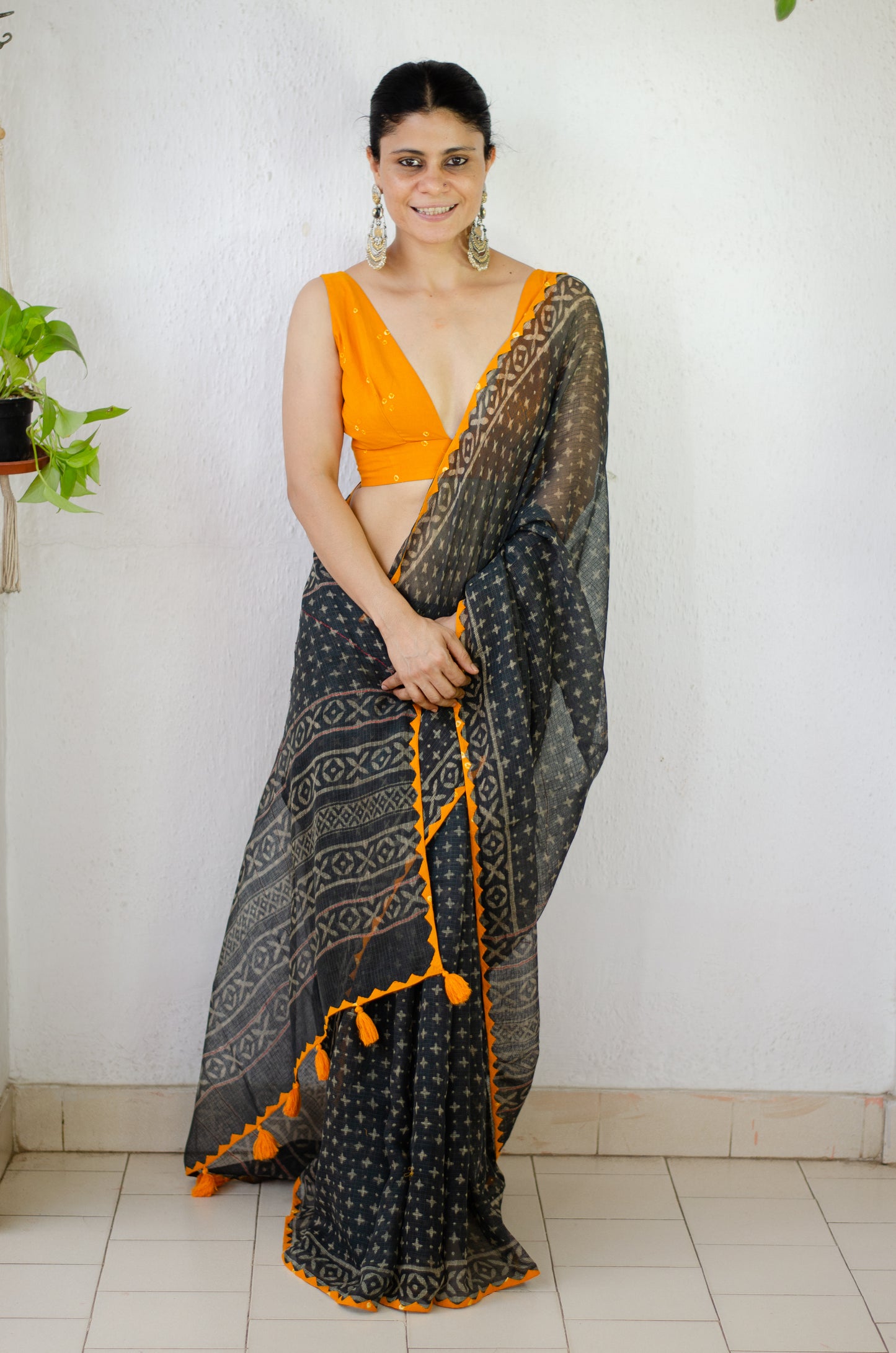 Hand block & Applique Hand Embroidered  Kota Doria Saree