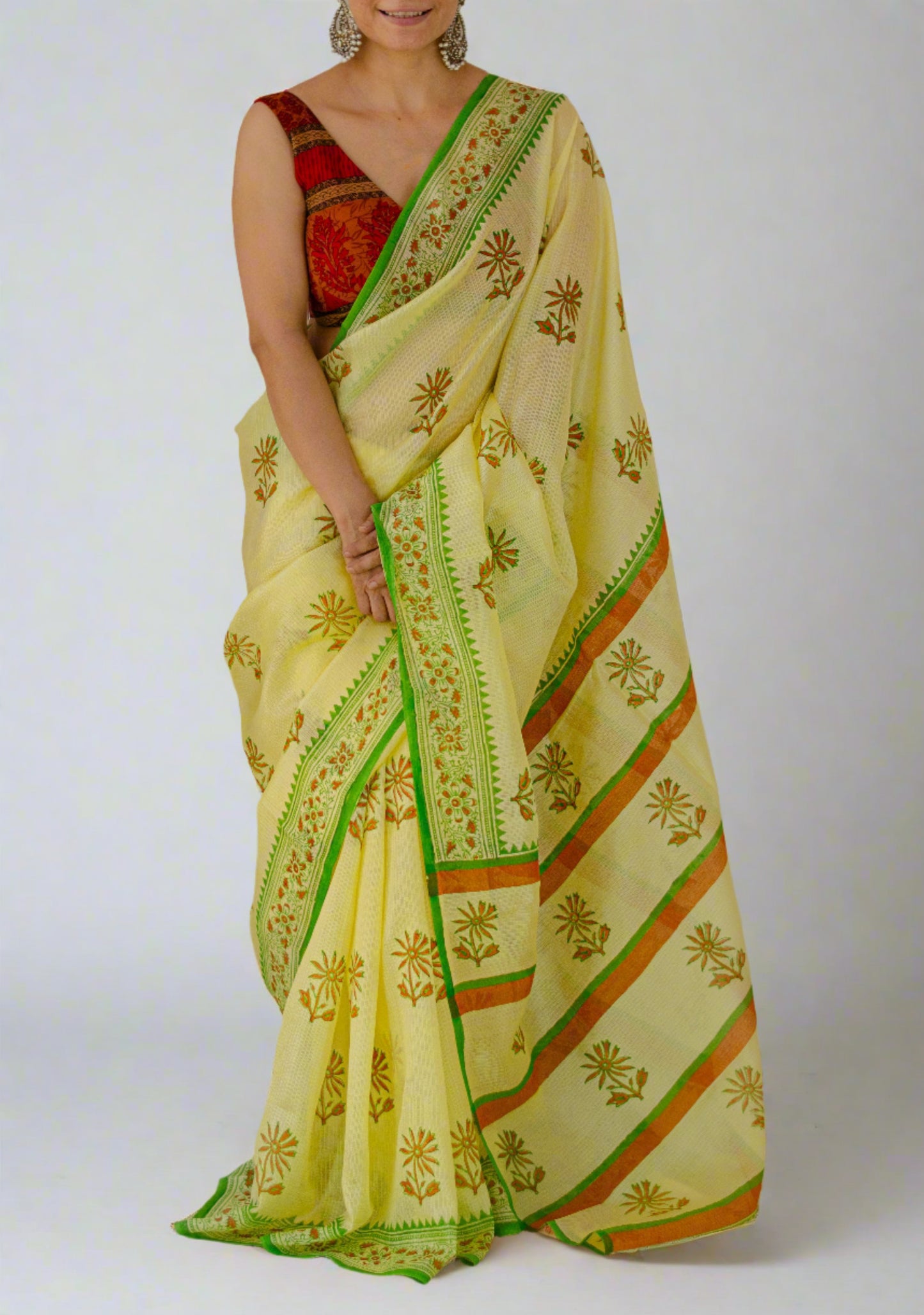 Hand Block Printed  Kota Silk Saree.