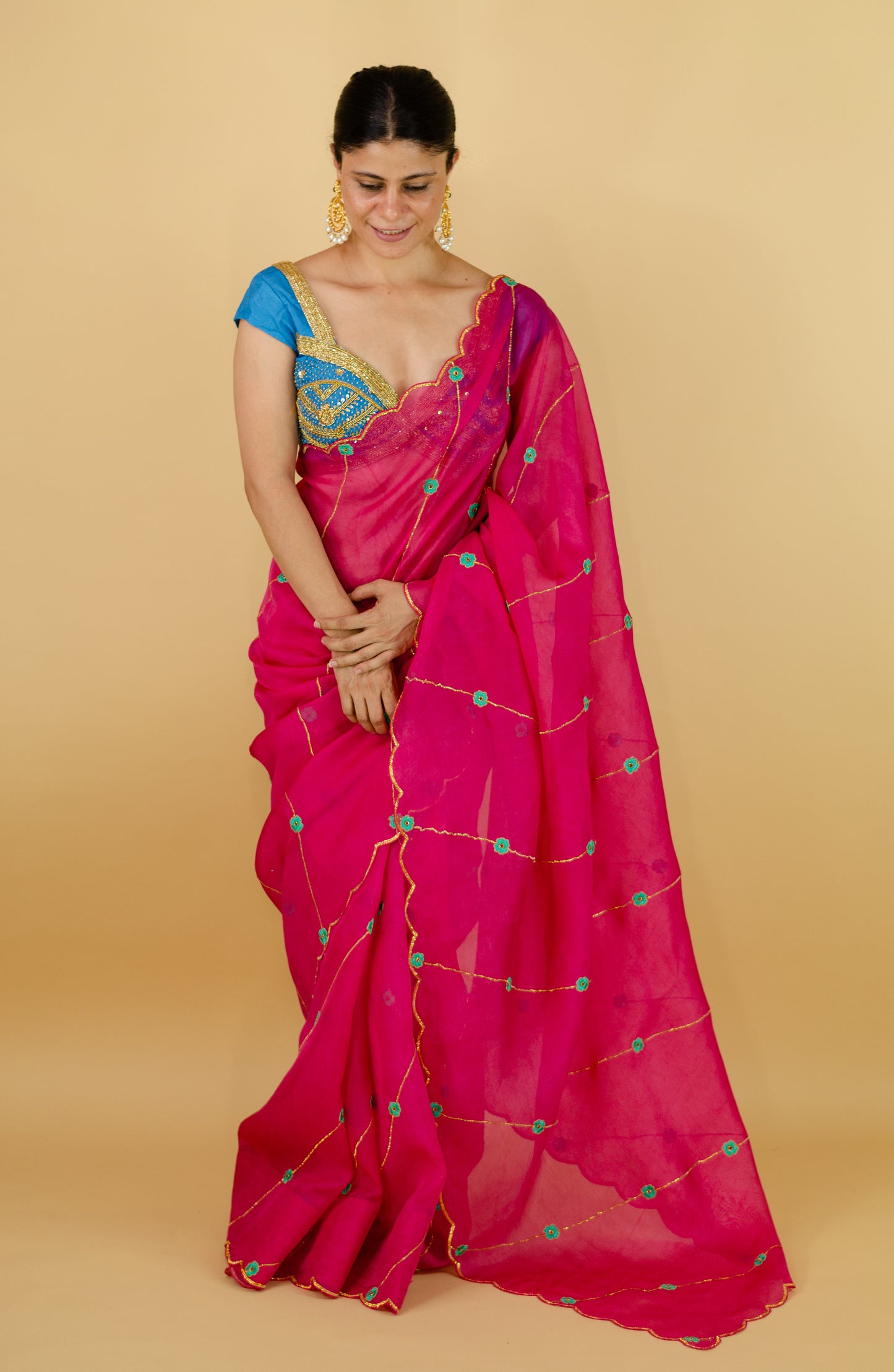 Sequence & Resham thread Hand Embroidered Handloom Organza Silk Saree.