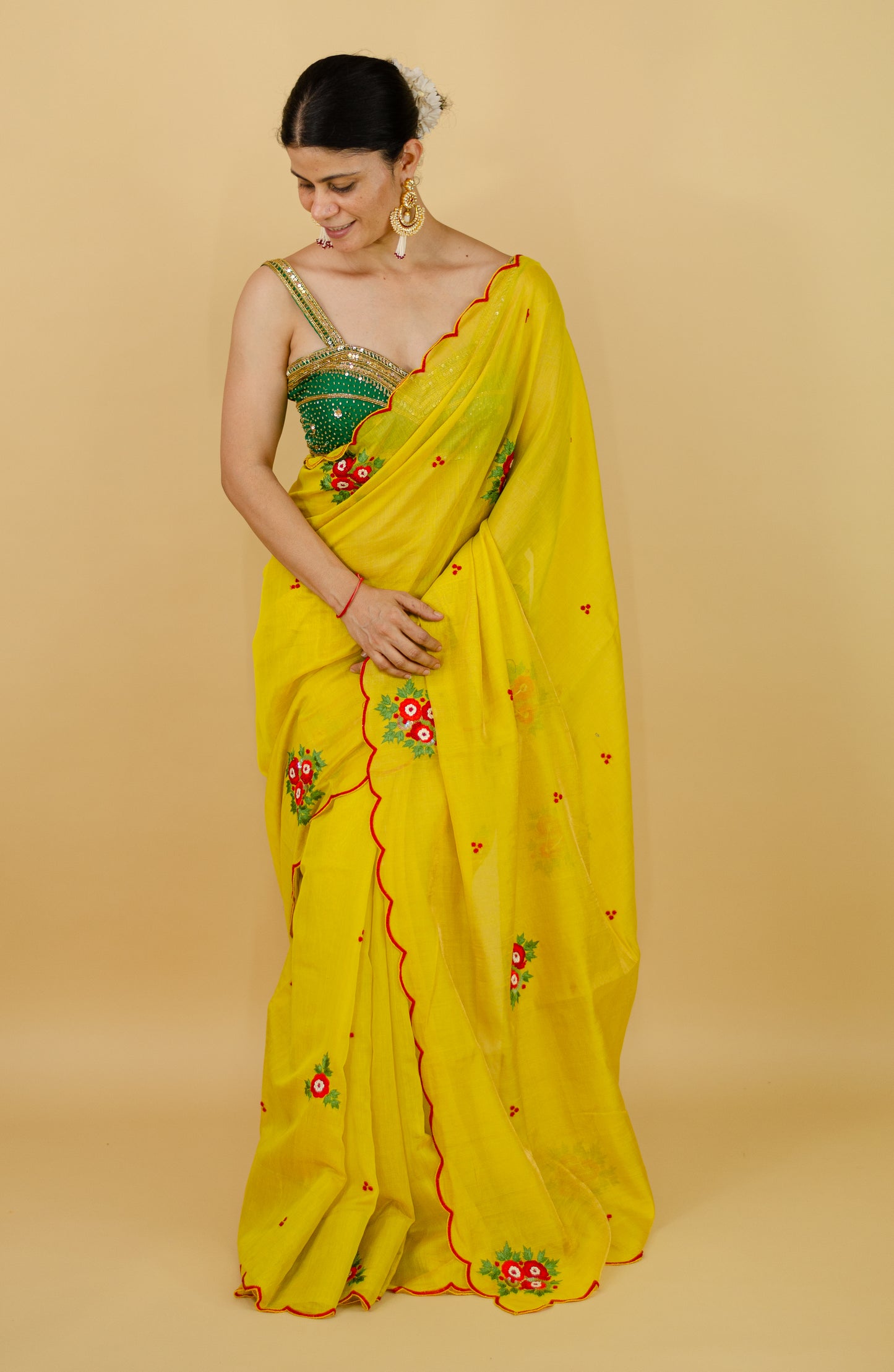 Sequence & Resham thread Hand Embroidered Handloom tissue Silk Saree.