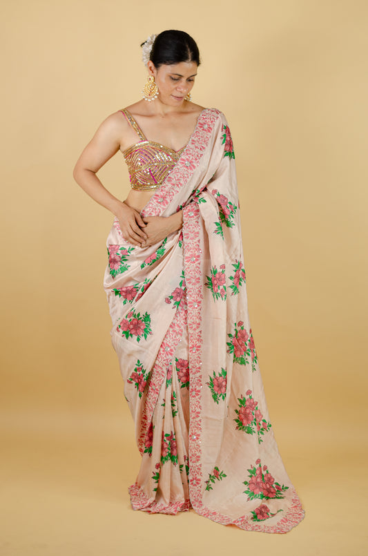 Handloom Hand Block Printed & Hand Embroidered Mulberry Silk Saree