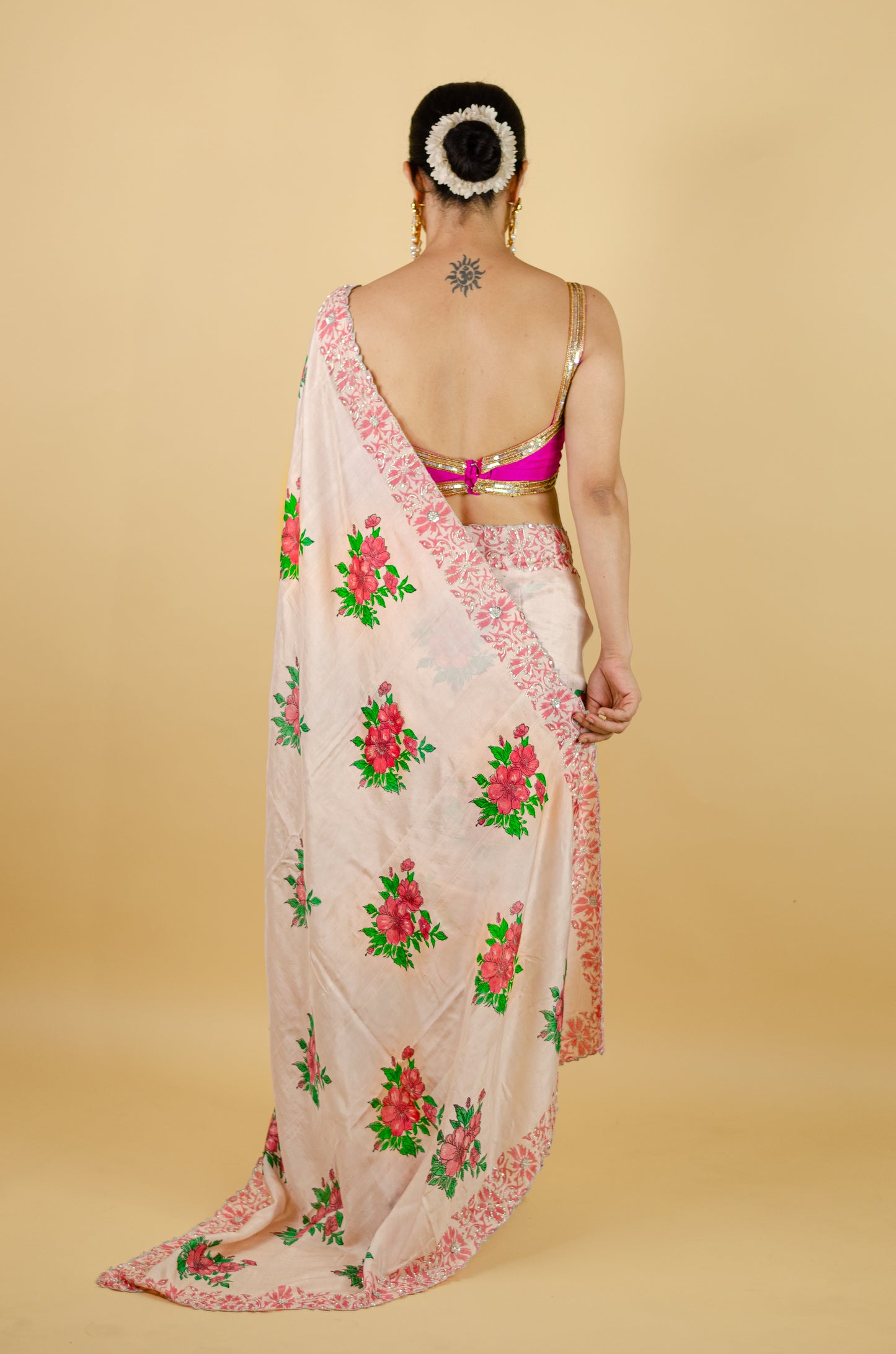 Handloom Hand Block Printed & Hand Embroidered Mulberry Silk Saree