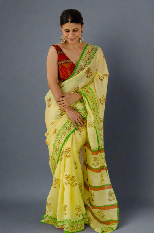 Hand Block Printed  Kota Silk Saree.