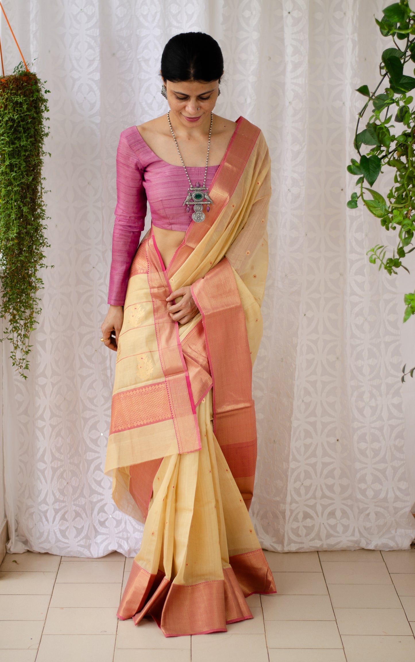 Handwoven Chanderi Tissue Silk with Nakashi Border