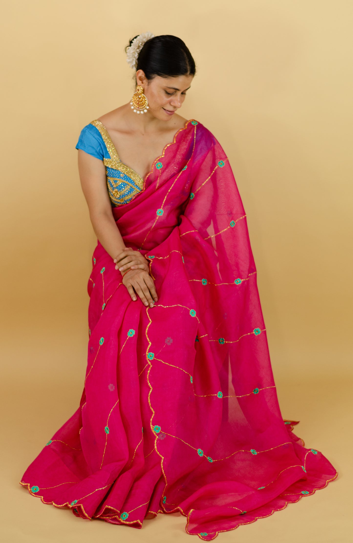 Sequence & Resham thread Hand Embroidered Handloom Organza Silk Saree.