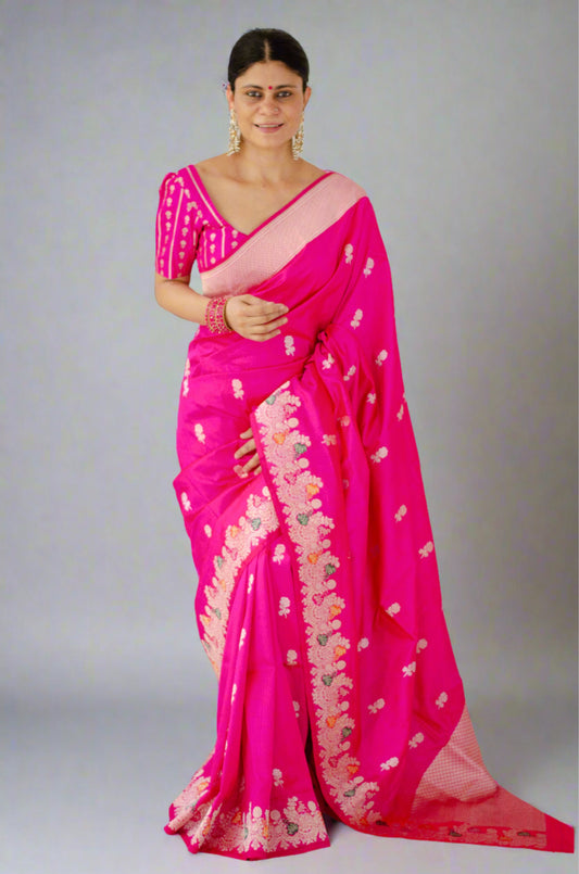 Rani Pink Colour  Meenakari /Silver Jangle  kadwa Weaving Handwoven Katan Mulbery Silk Saree