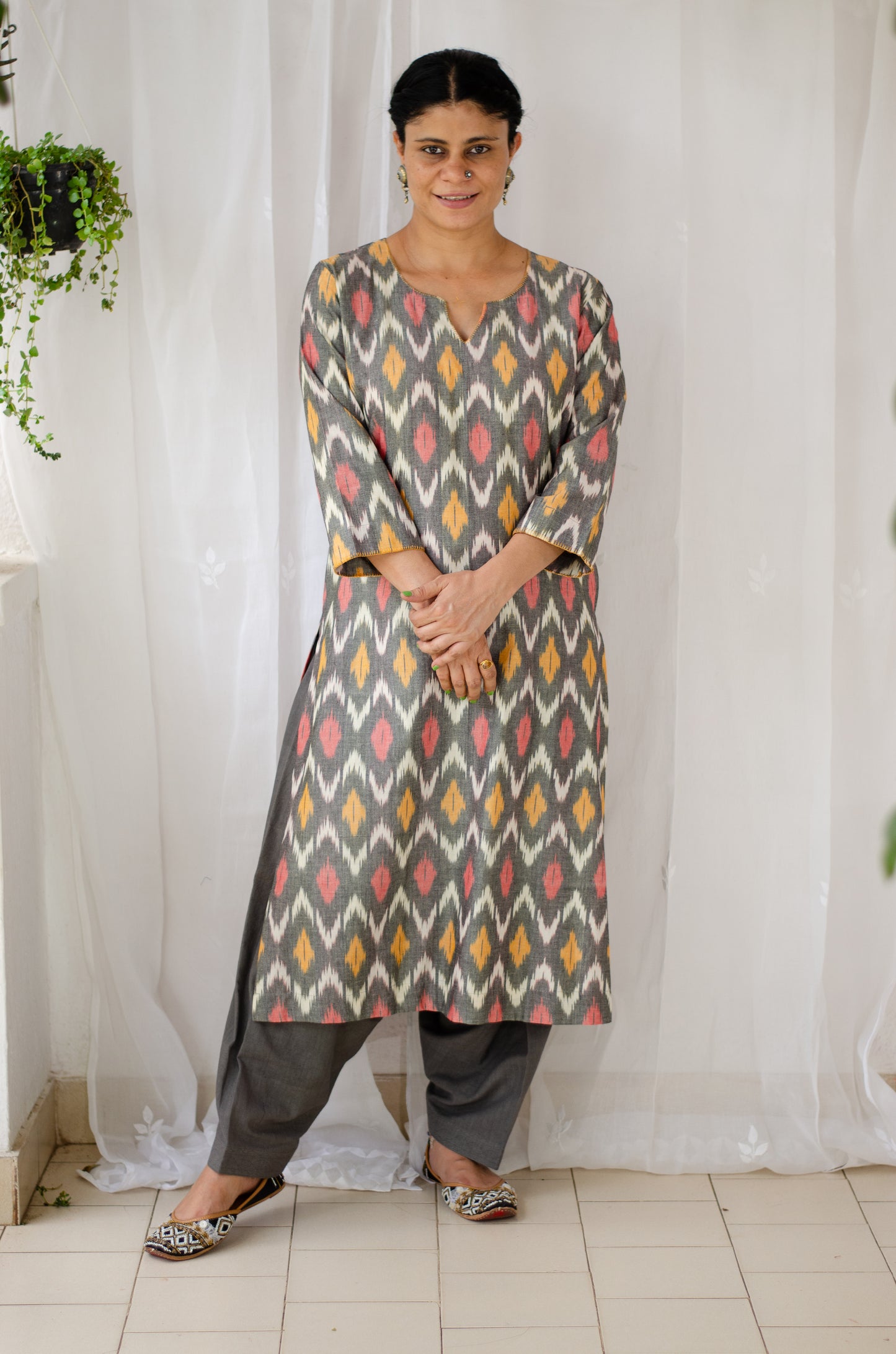 Handloom ikat straight cut kurta with handwoven cotton salwar set.