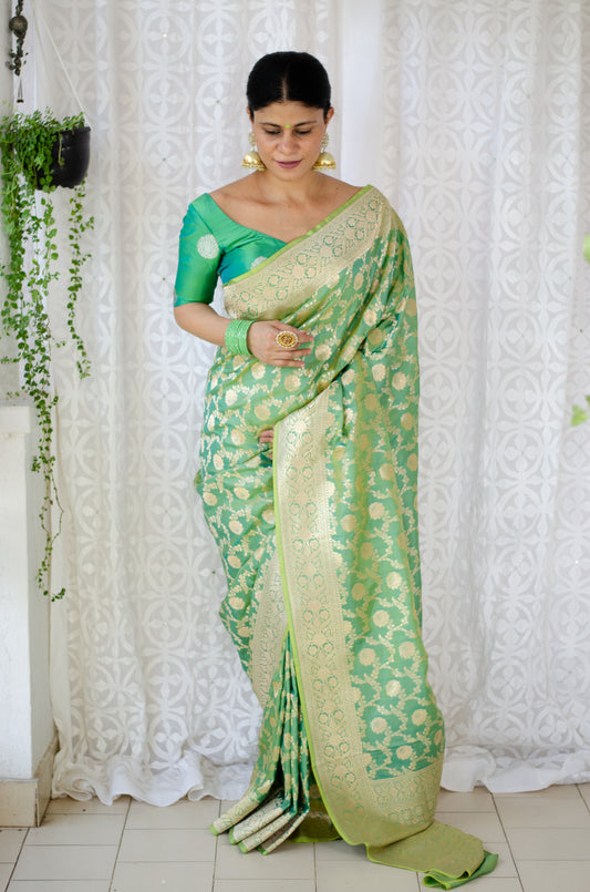 Light Green  Colour Pure Handloom  Cutwork Katan Silk Saree.