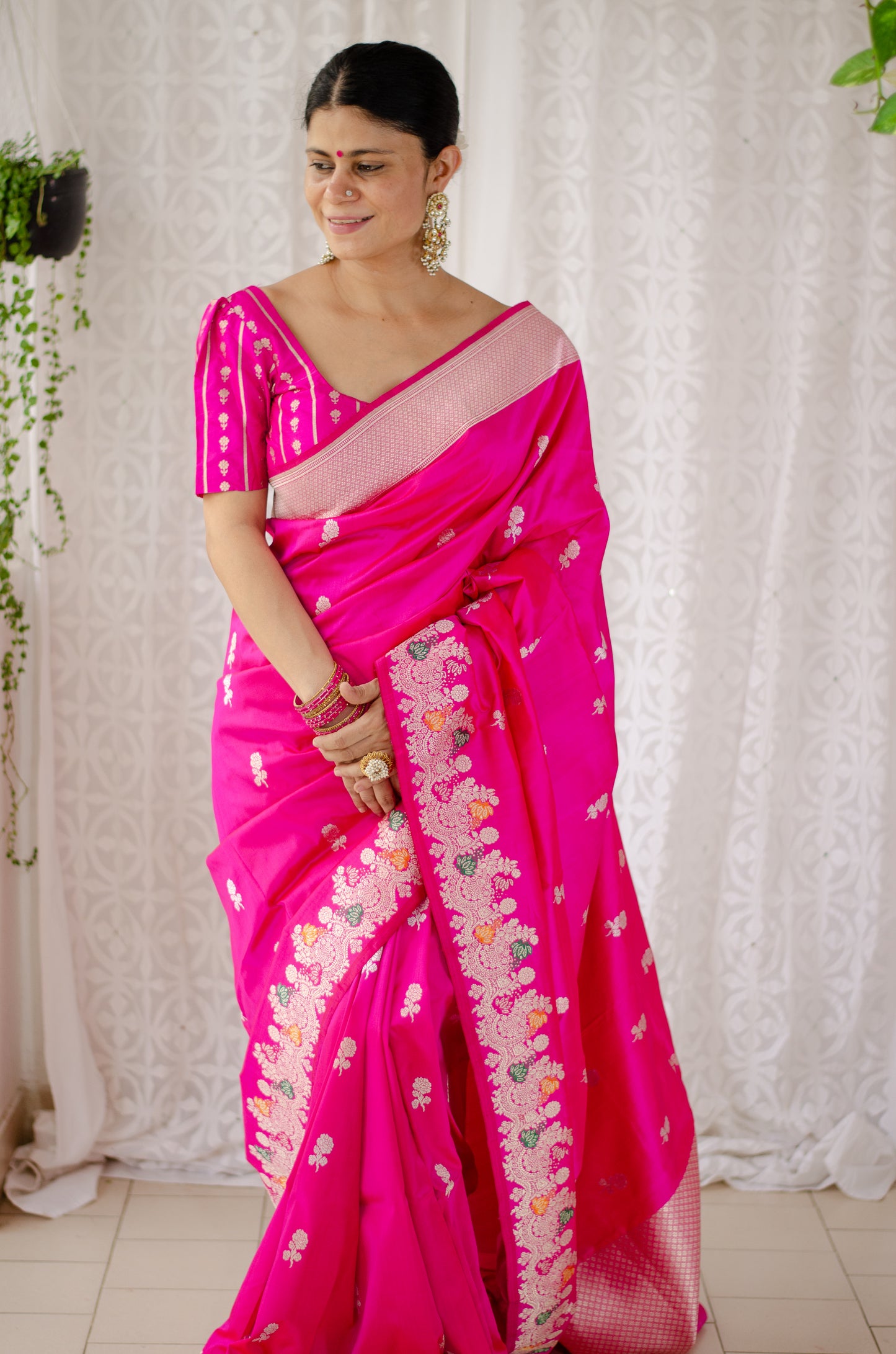 Rani Pink Colour  Meenakari /Silver Jangle  kadwa Weaving Handwoven Katan Mulbery Silk Saree