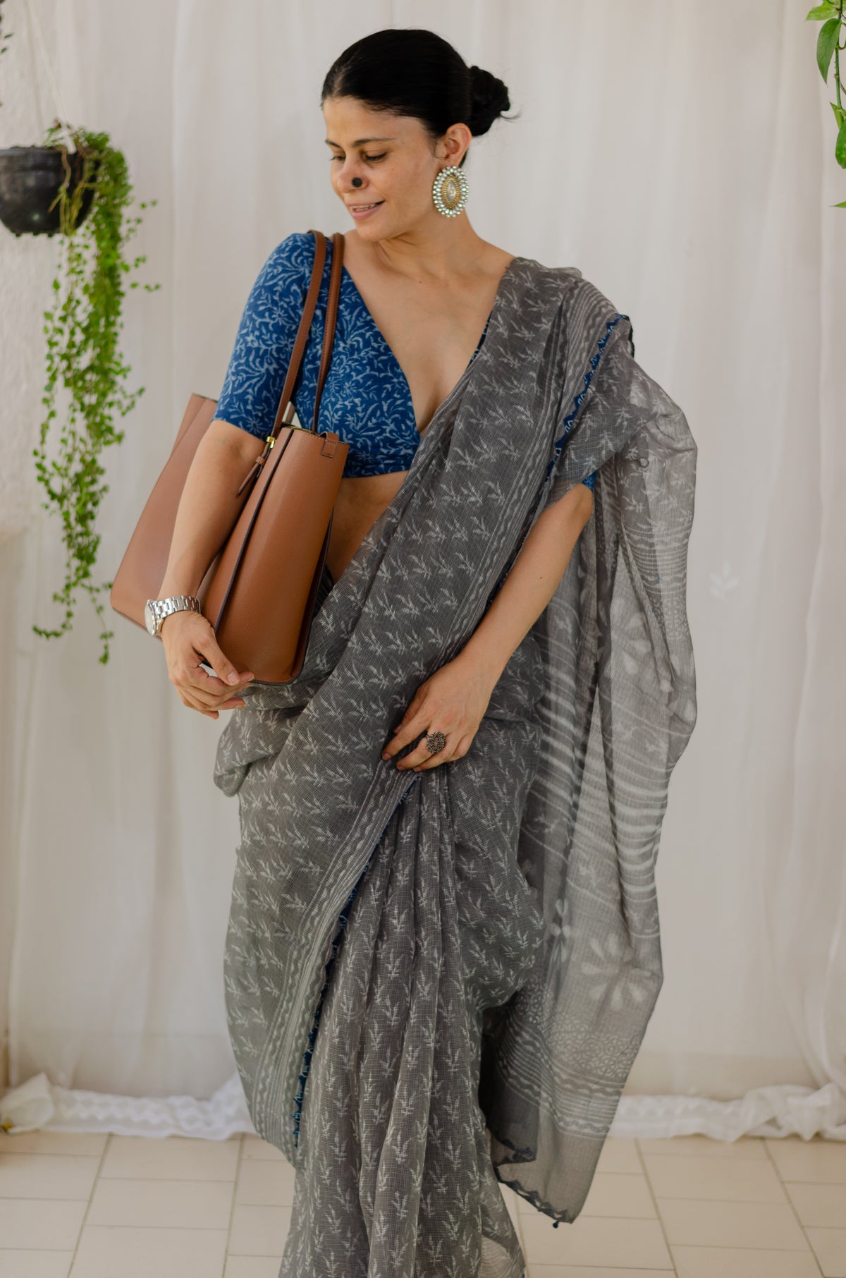Hand block & Applique Hand Embroidered Kota Doria Saree