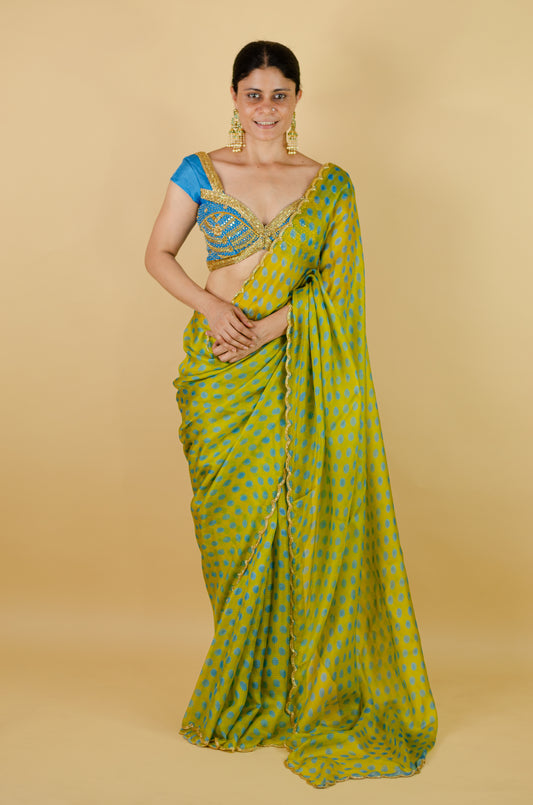 Handloom Hand Block Printed & Hand Embroidered Kota Silk Saree