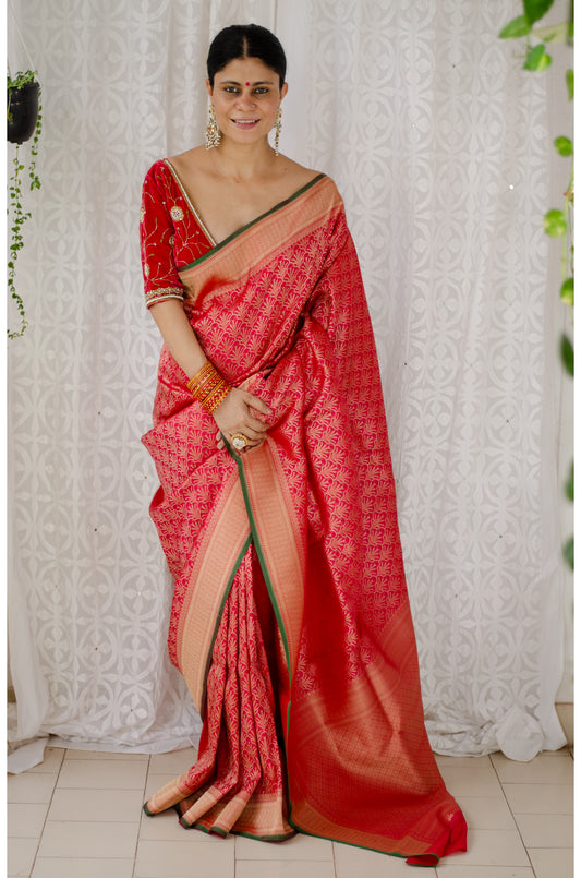 Deep Red Colour Pure Handloom Brocade Katan Silk Saree