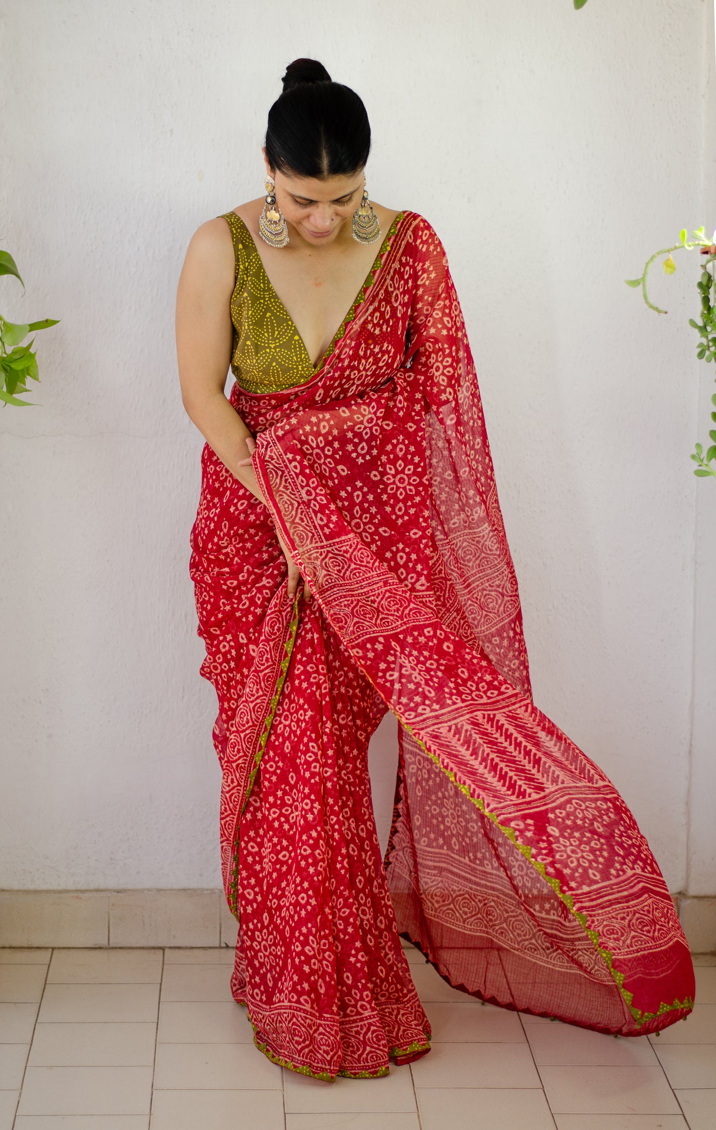 Hand block & Applique Hand Embroidered  Kota Doria Saree