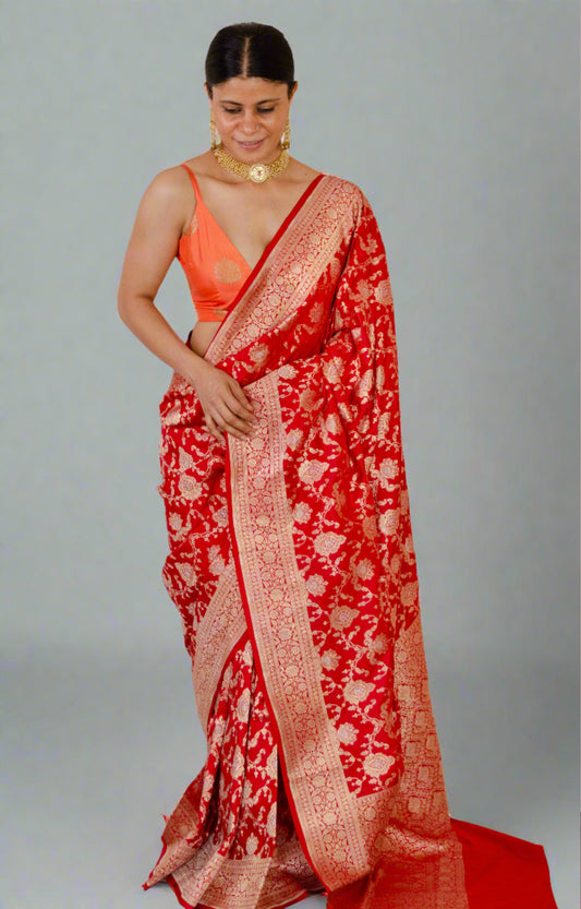 Deep Red Colour Pure  Meenakari /Silver Alfi Jangle Weaving Handloom Katan Mulbery Silk Saree