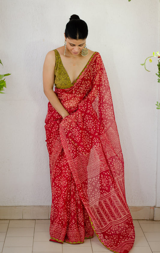 Hand block & Applique Hand Embroidered  Kota Doria Saree