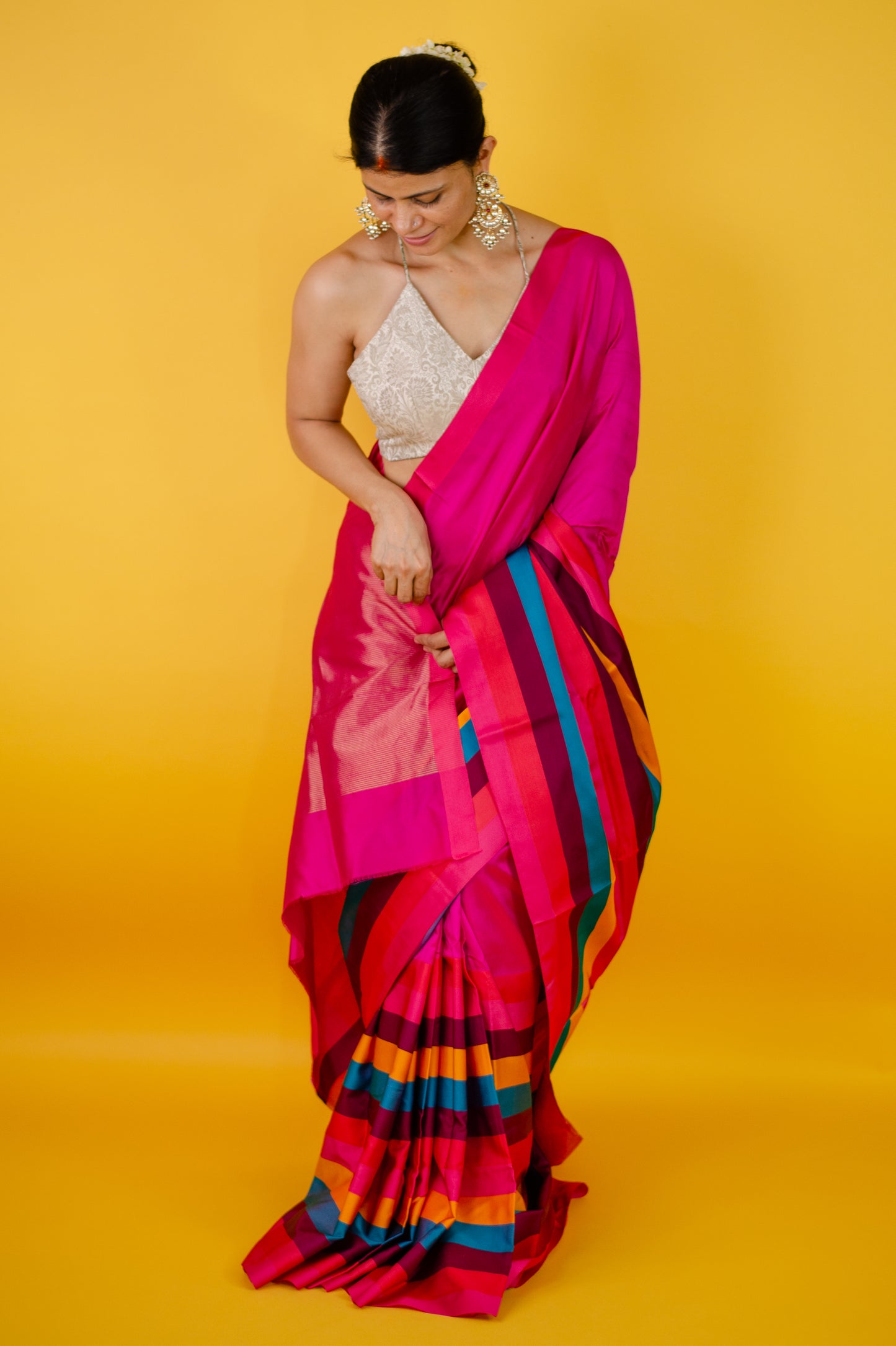 Handloom Chanderi Silk Saree With Mashru Silk Border